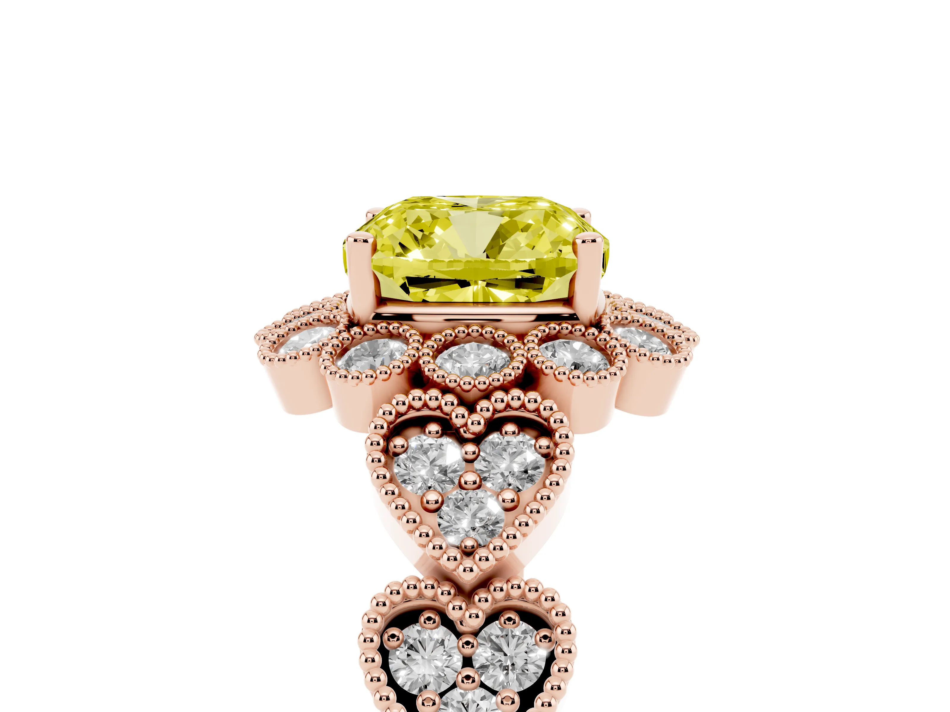 Fancy Yellow Cushion Cut Diamond Solitaire Ring Set in Rose gold with Milgrain Pavé Heart Band