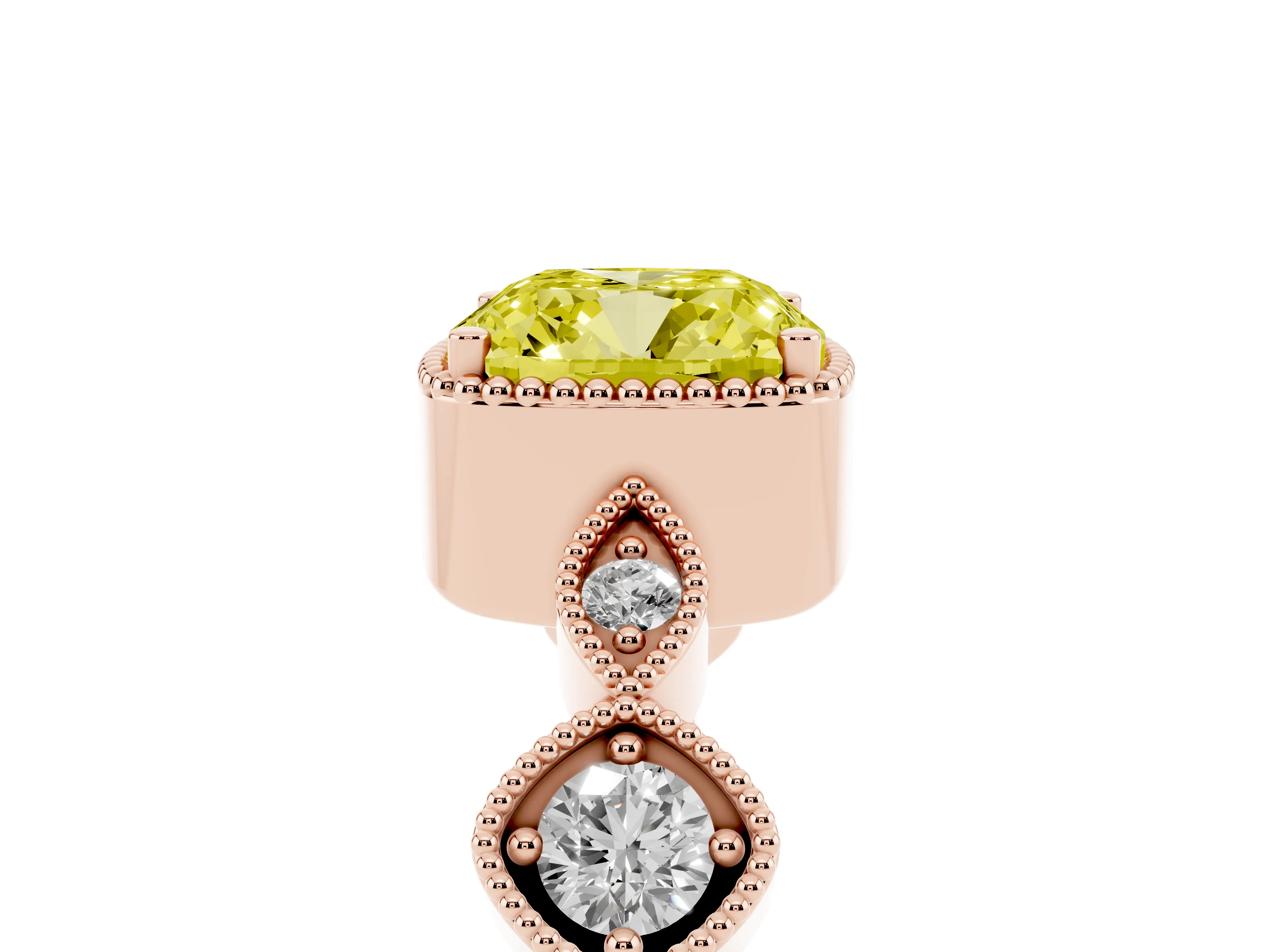 Fancy Yellow Cushion Cut Diamond Vintage-Inspired Milgrain Ring Set in Rose gold with Marquise Stations of Round Accents