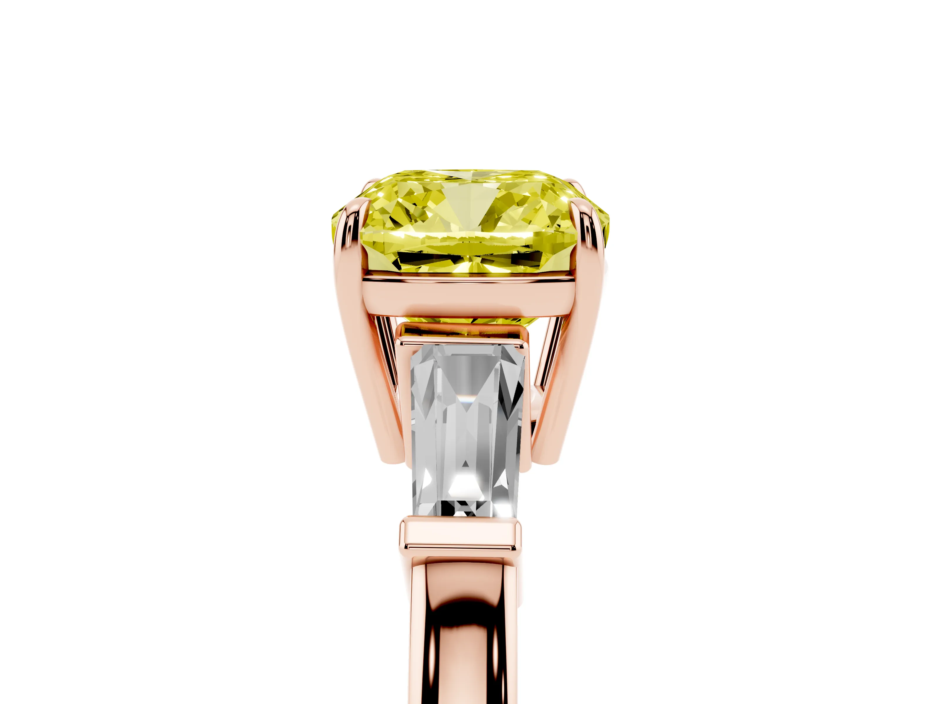 Fancy Yellow Cushion Cut Diamond Three-Stone Ring Set in Rose gold with Tapered Baguette Side Stones and Prong Setting