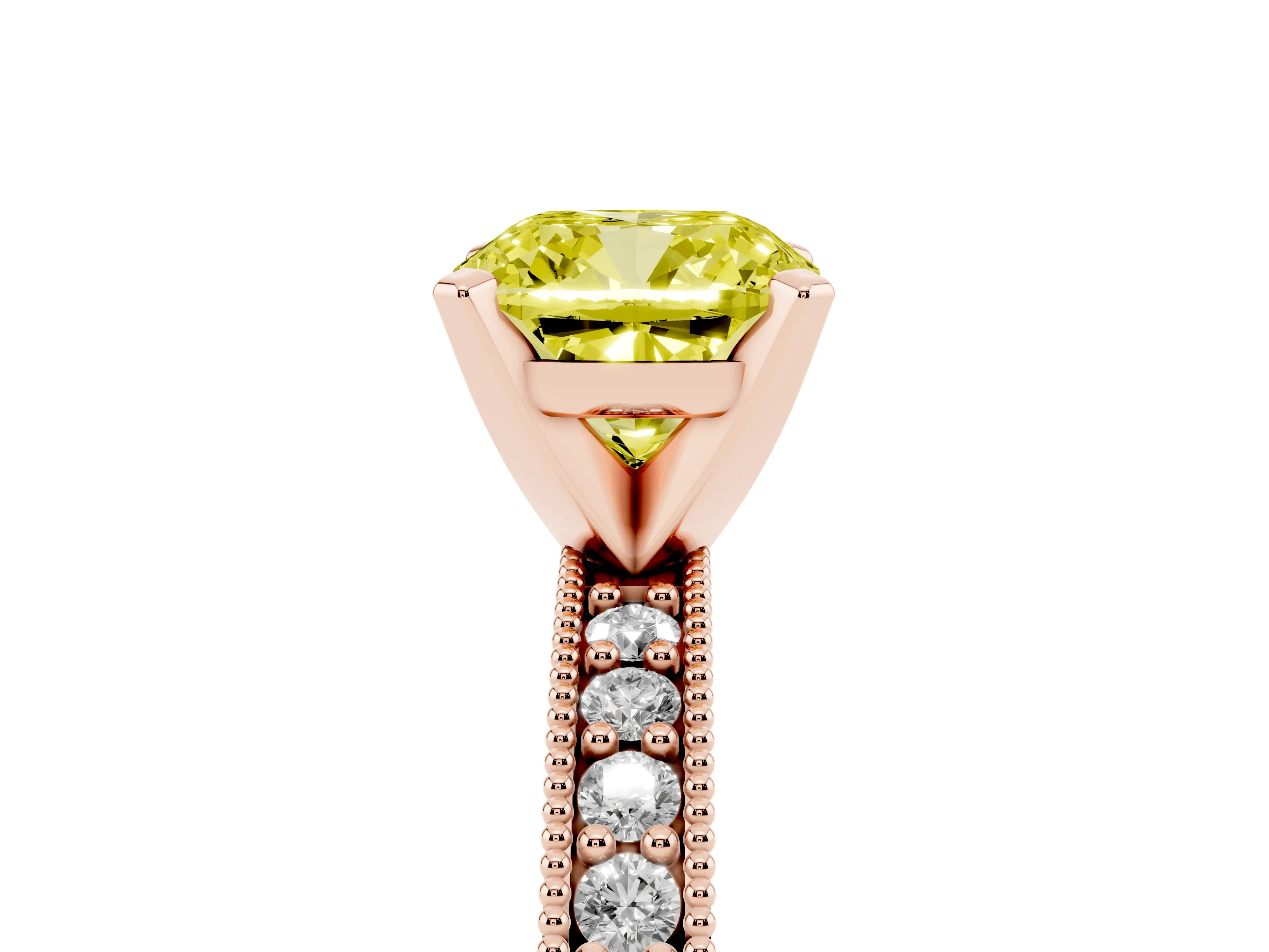 Fancy Yellow Cushion Cut Diamond Milgrain Pavé Engagement Ring Set in Rose gold with Prong Setting