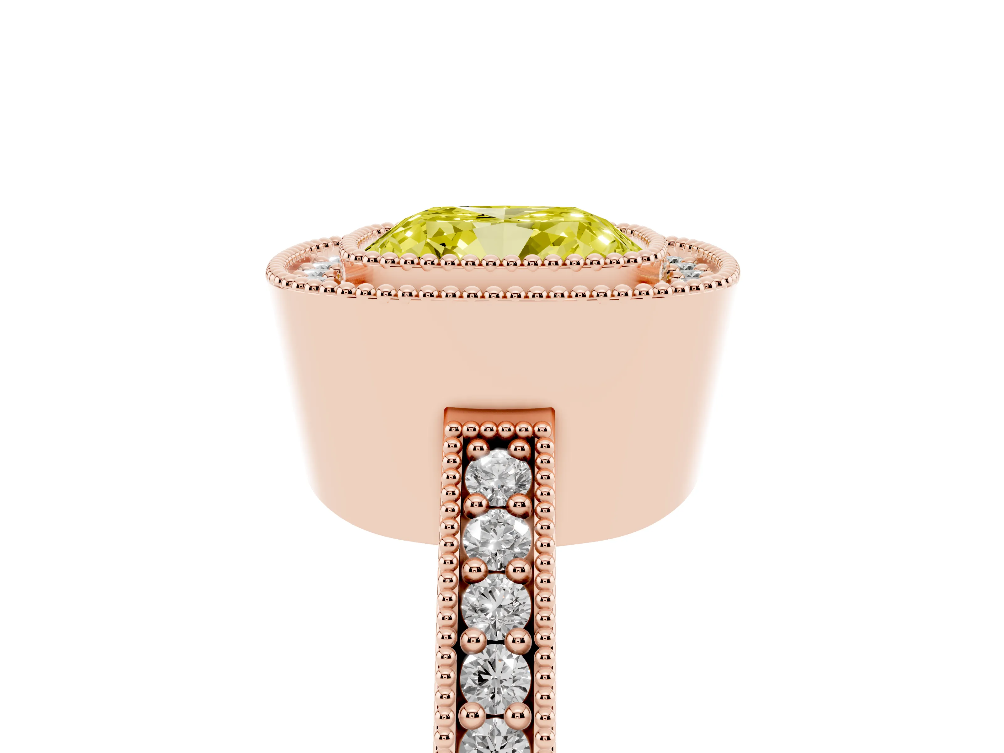 Fancy Yellow Cushion Cut Diamond Halo Engagement Ring Set in Rose gold with Pavé Band and Round Halo Stones