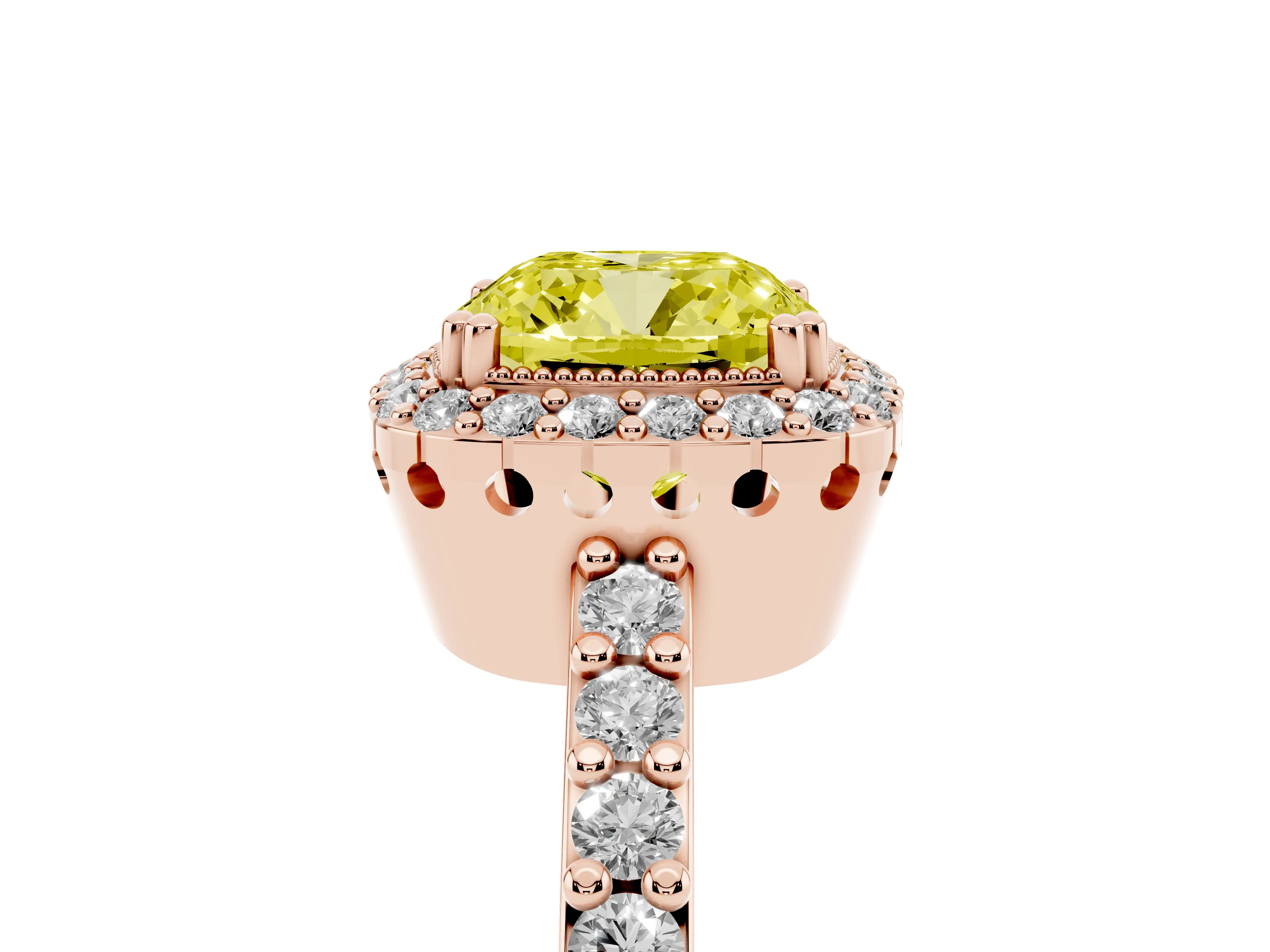 Fancy Yellow Cushion Cut Diamond Halo Engagement Ring Set in Rose gold with Milgrain Detail and Pavé Band