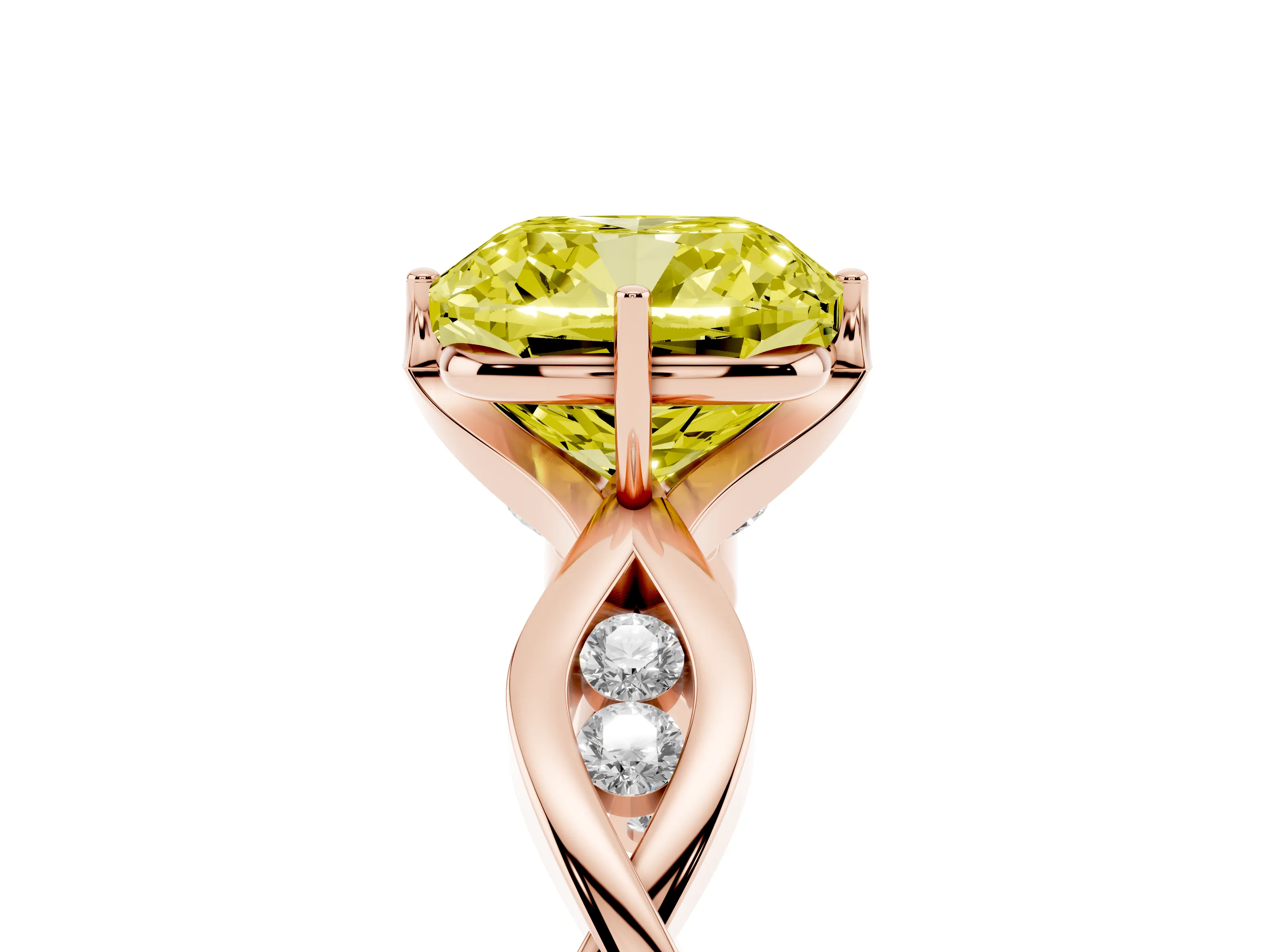 Fancy Yellow Cushion Cut Diamond Twist Band Solitaire Ring Set in Rose gold with Leaf Prong Setting and Accent Stones