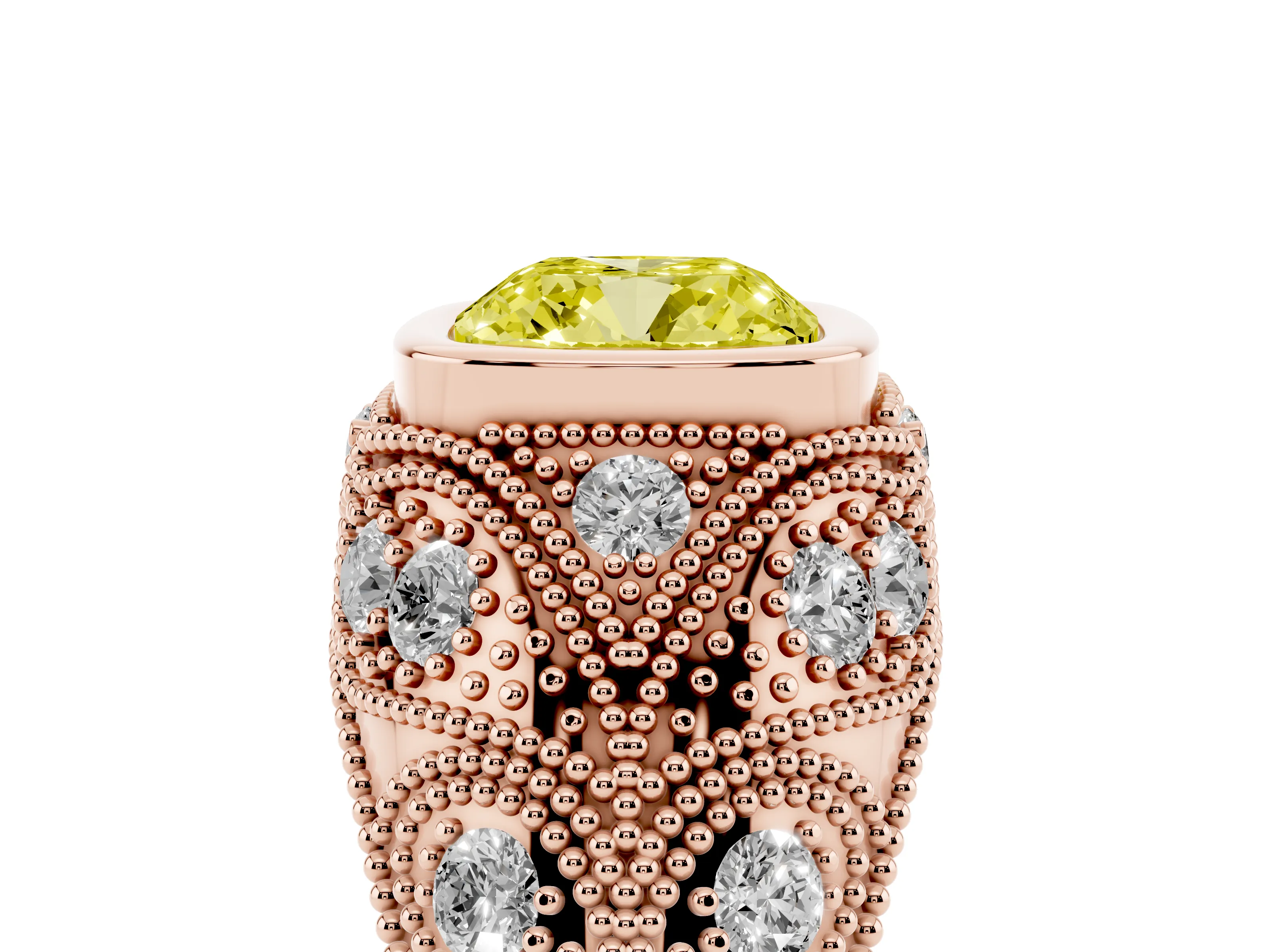 Fancy Yellow Cushion Cut Diamond Bezel Ring Set in Rose gold with Milgrain Accent Band