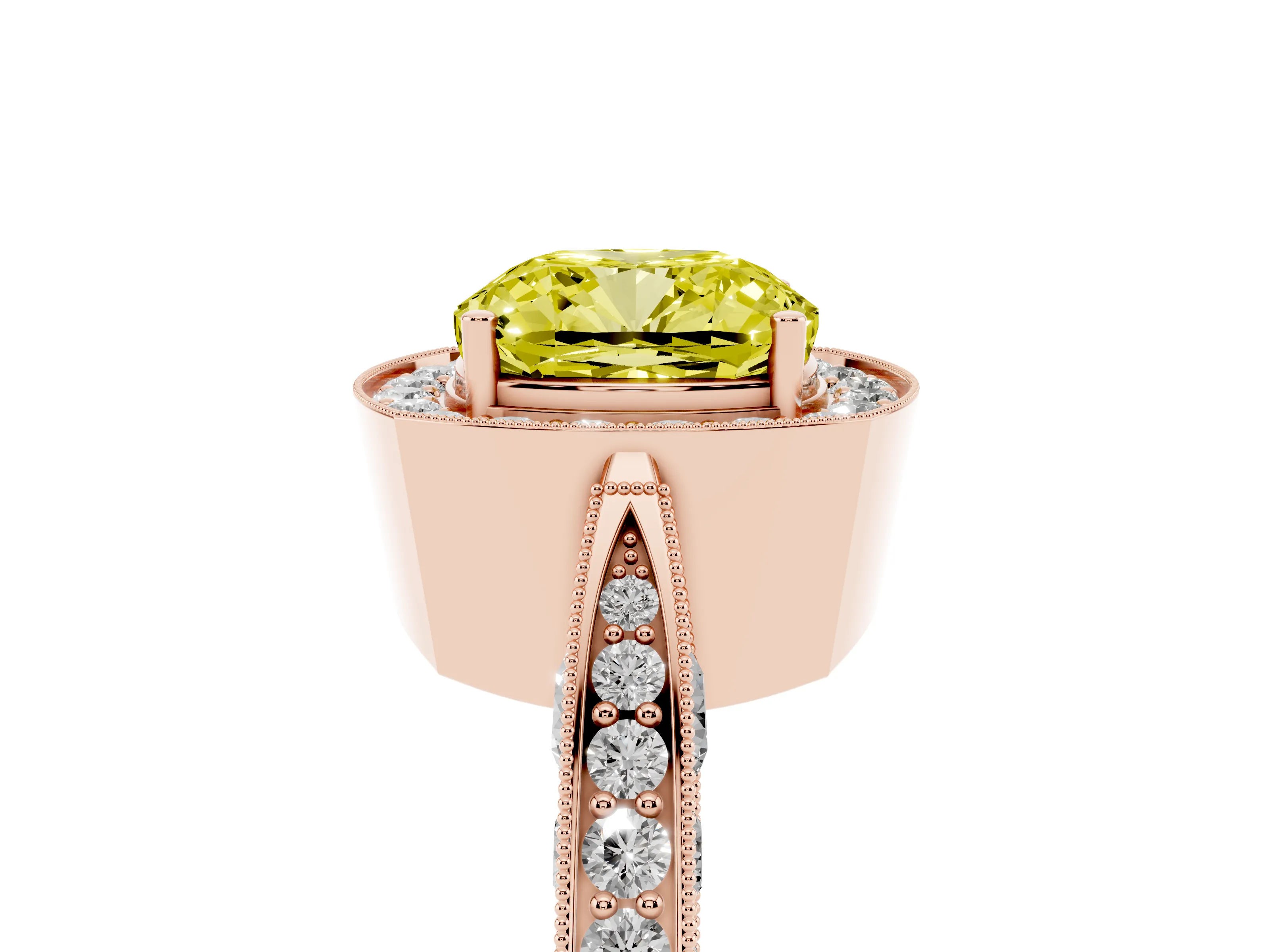 Fancy Yellow Cushion Cut Diamond Halo Engagement Ring Set in Rose gold with Accent Split Shank Band