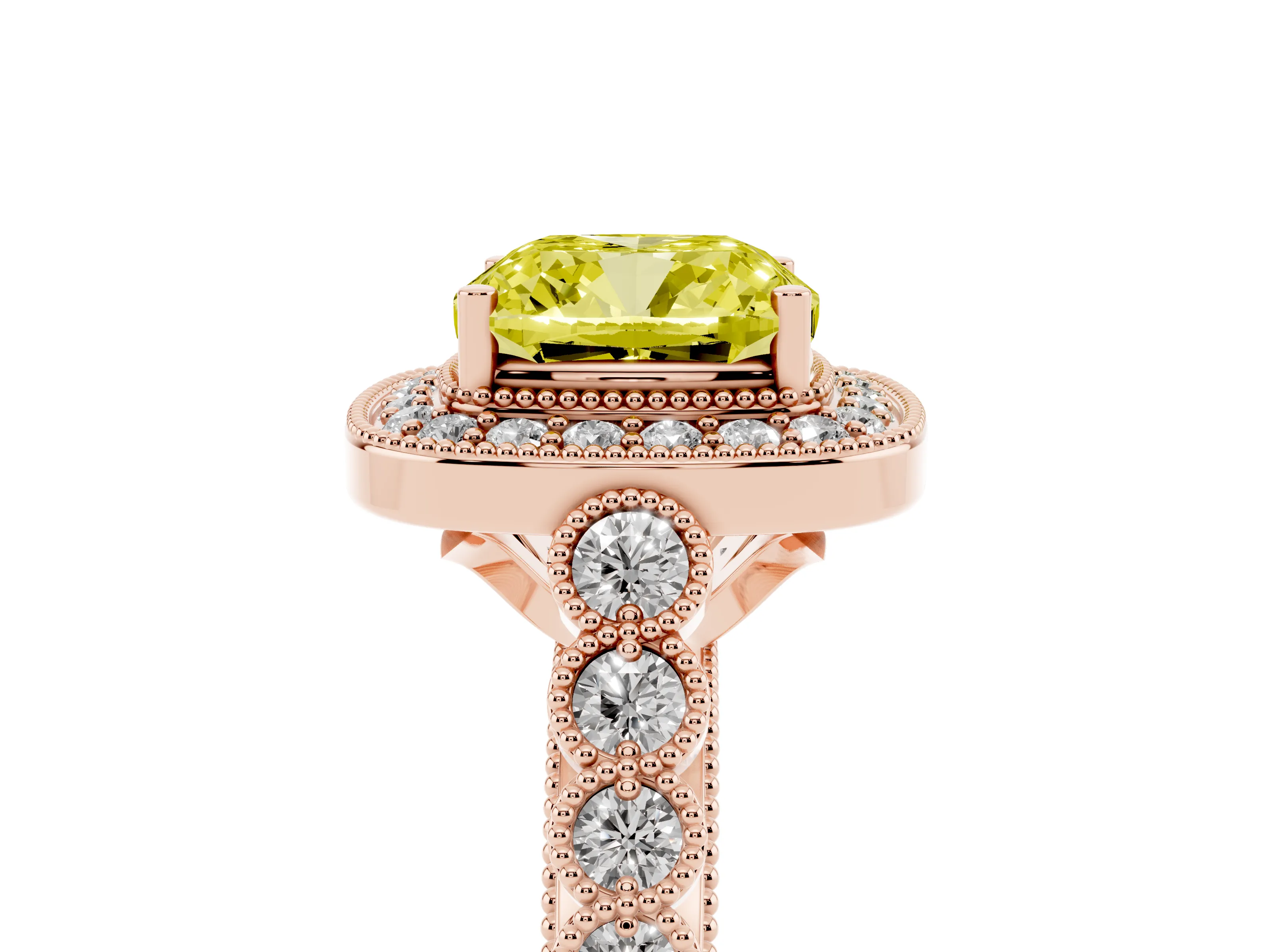Fancy Yellow Cushion Cut Diamond Milgrain Halo Solitaire Ring Set in Rose gold with Bezel Set Side Stones and Pavé Band