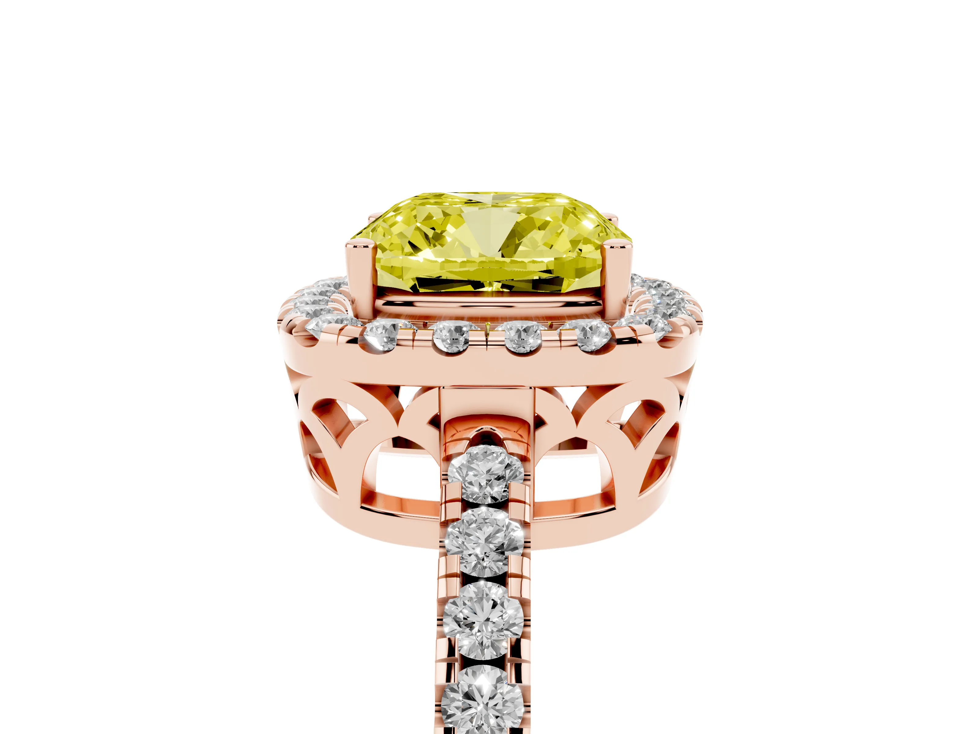 Fancy Yellow Cushion Cut Diamond Pavé Band Halo Engagement Ring Set in Rose gold with Prong Setting