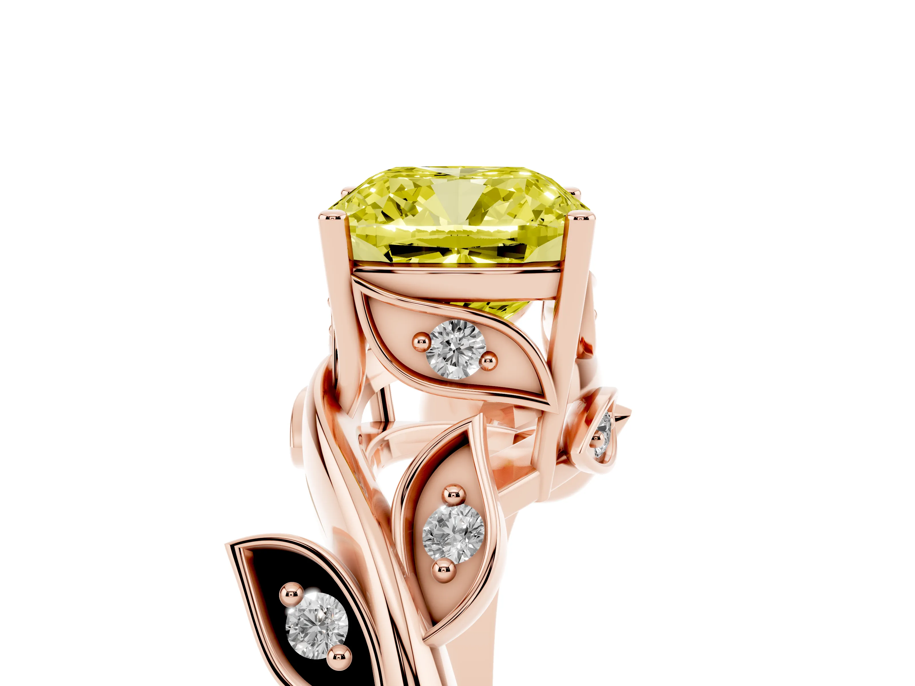 Fancy Yellow Cushion Cut Diamond Solitaire Twist Engagement Ring Set in Rose gold with Pavé Leaf Accents