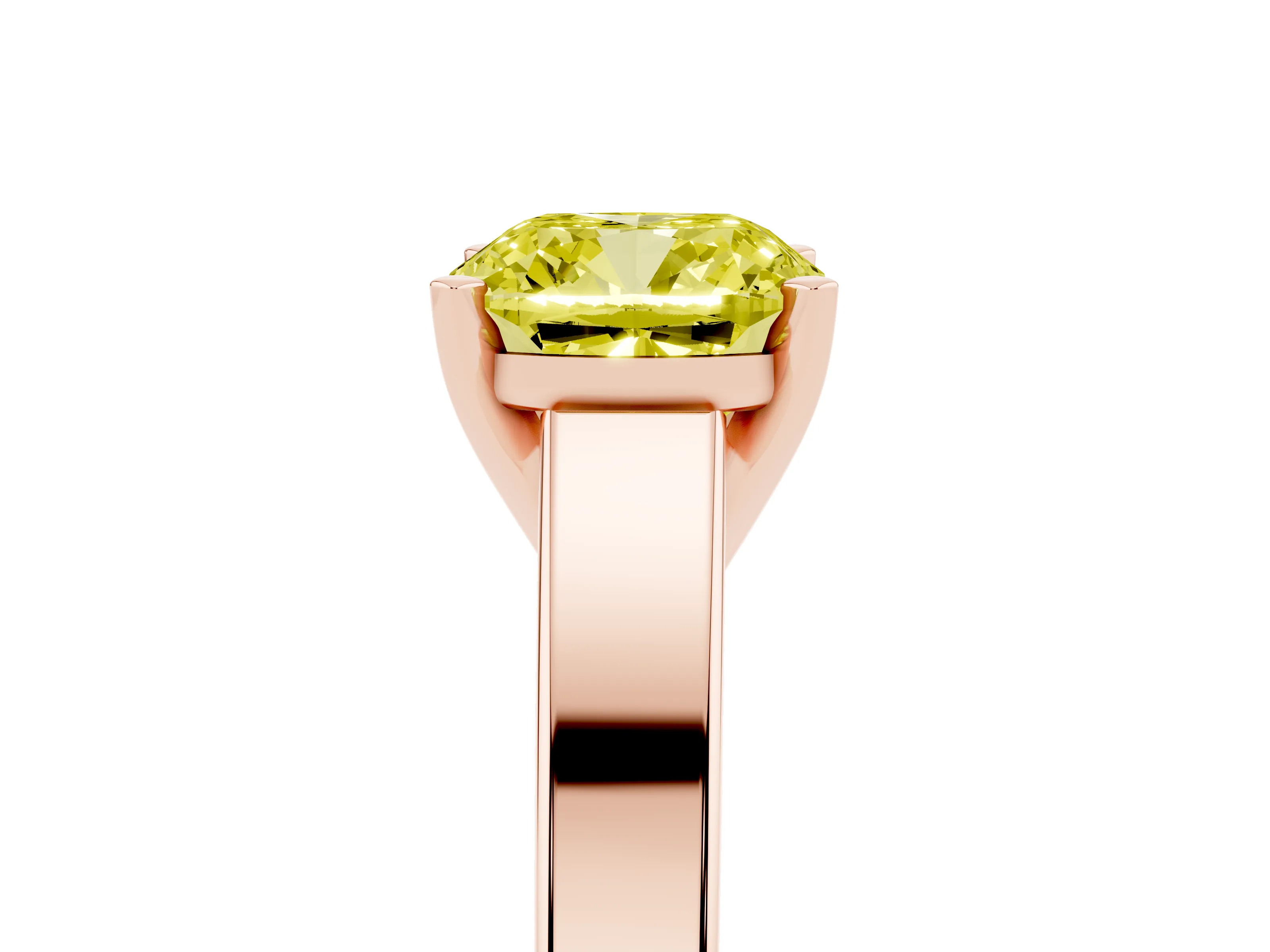 Fancy Yellow Cushion Cut Diamond Solitaire Engagement Ring Set in Rose gold with Prong Setting and Tapered Band
