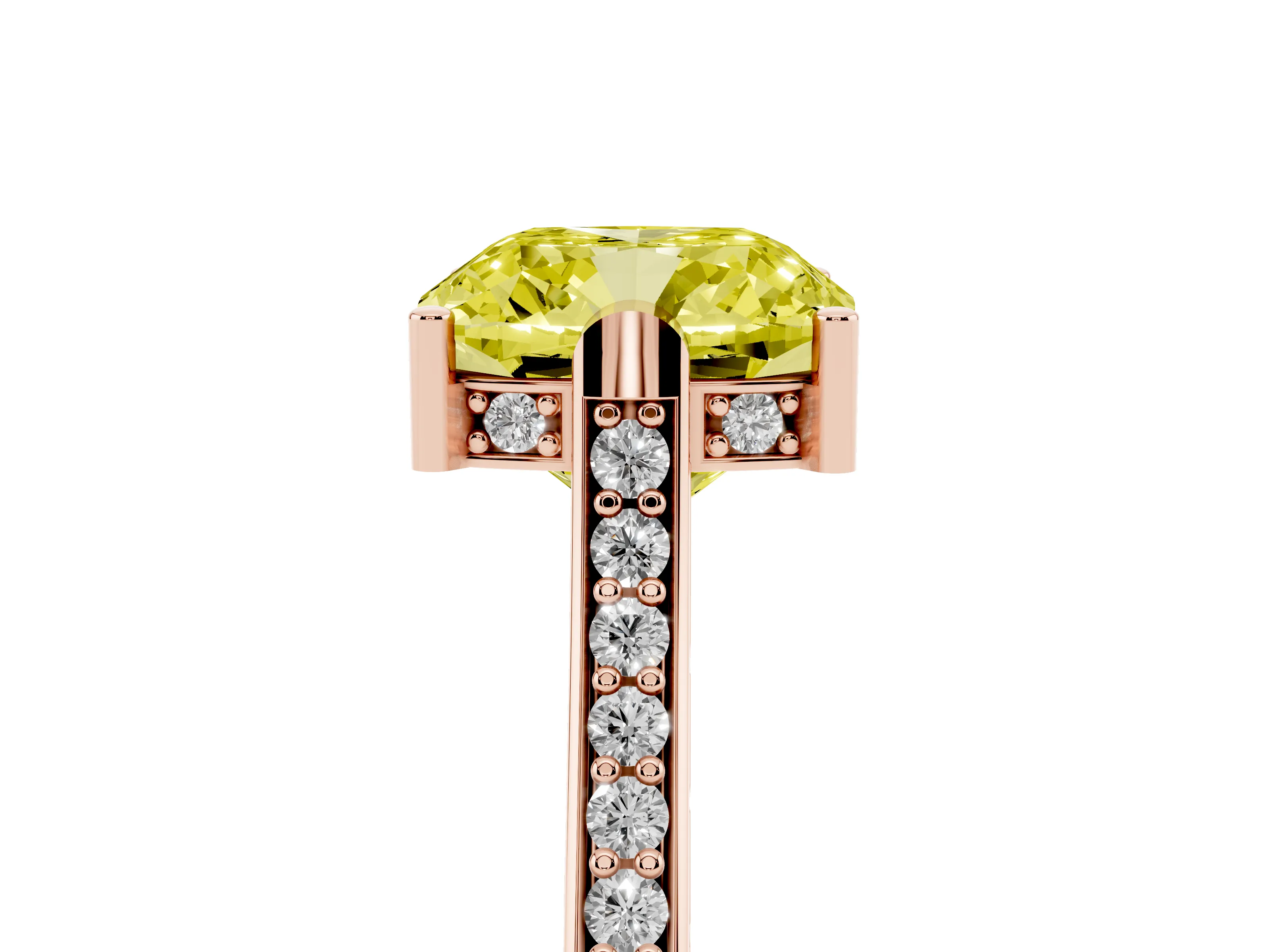 Fancy Yellow Cushion Cut Diamond Solitaire Ring Set in Rose gold with Channel Set Band and Bezel Prong Setting
