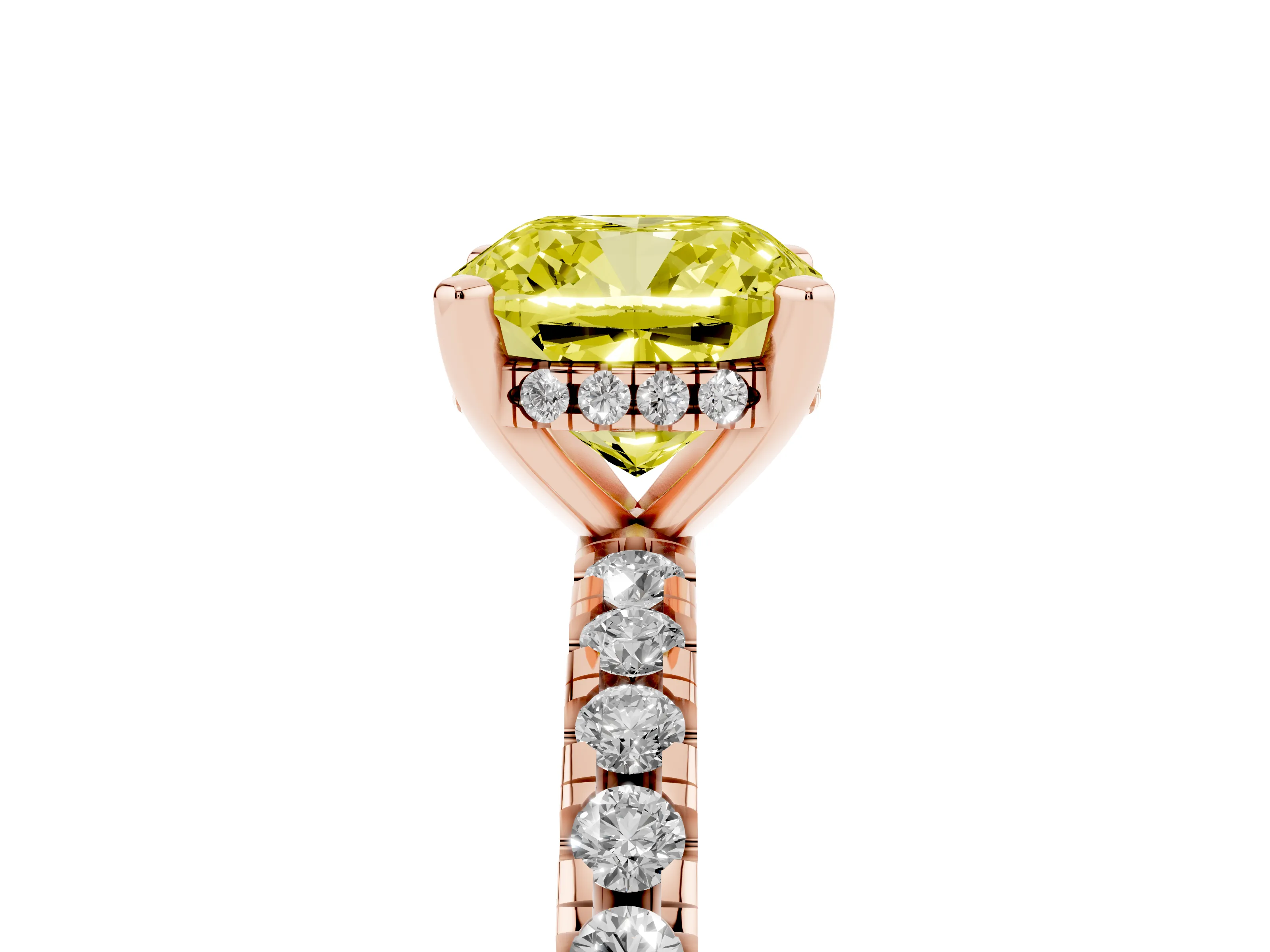 Fancy Yellow Cushion Cut Diamond Pavé Solitaire Ring Set in Rose gold with Round Band Accents and Prong Setting