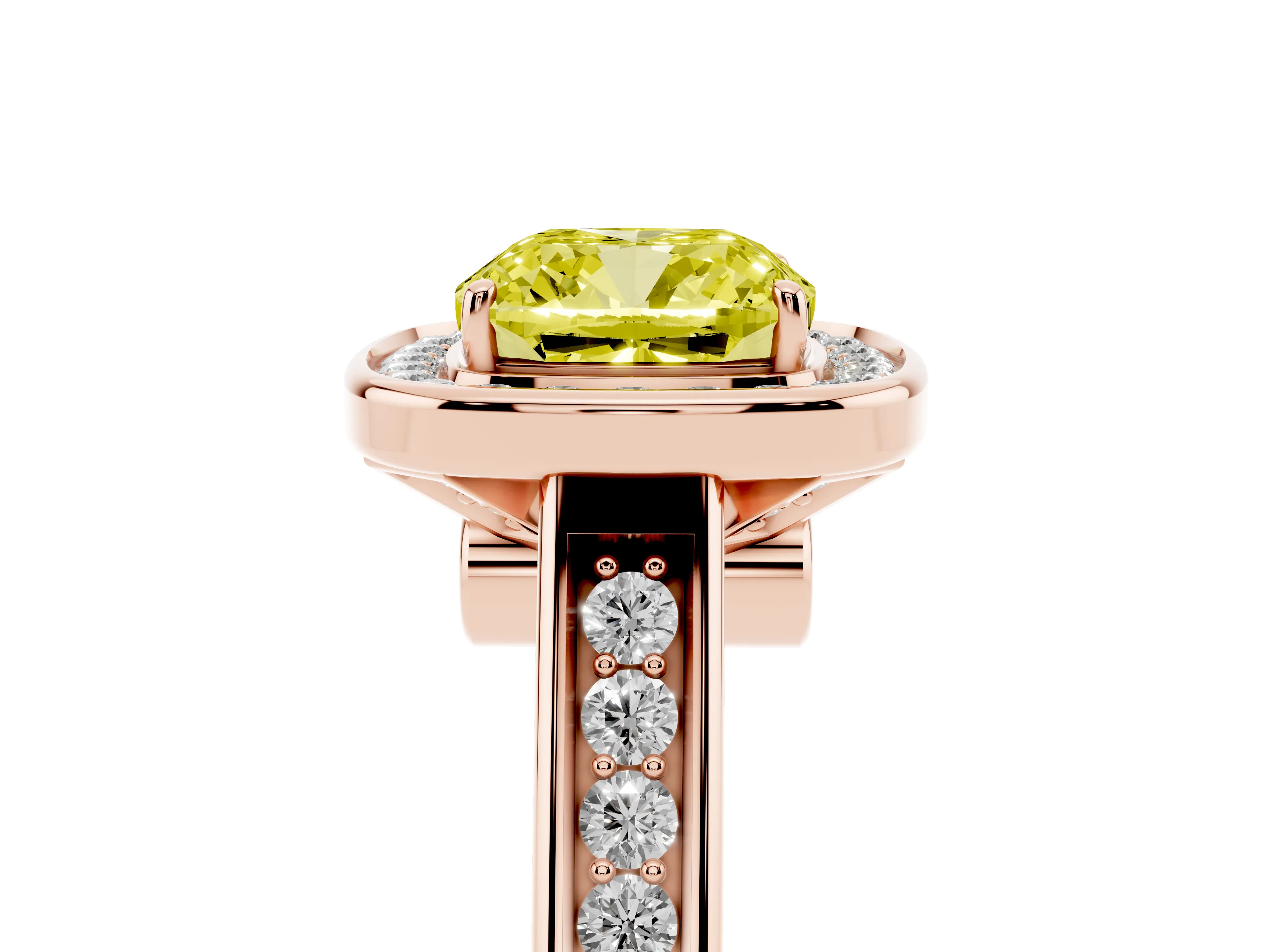Fancy Yellow Cushion Cut Diamond Halo Solitaire Ring Set in Rose gold with Pavé Band and Bezel Setting