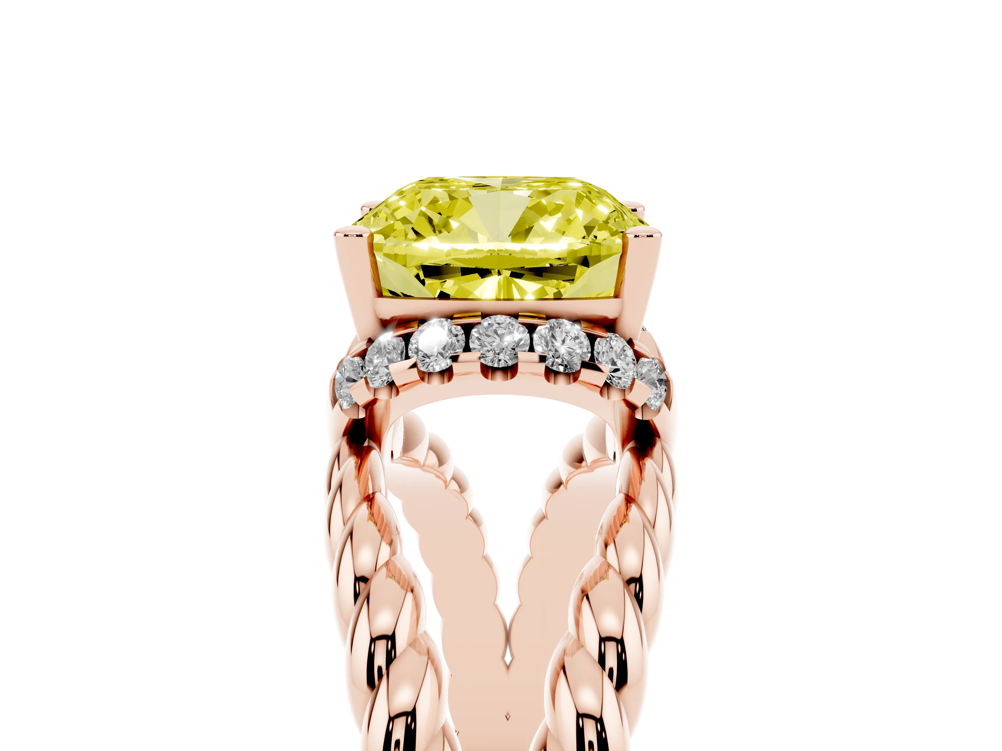 Fancy Yellow Cushion Cut Diamond Halo Ring Set in Rose gold with Twisted Band and Prong Setting