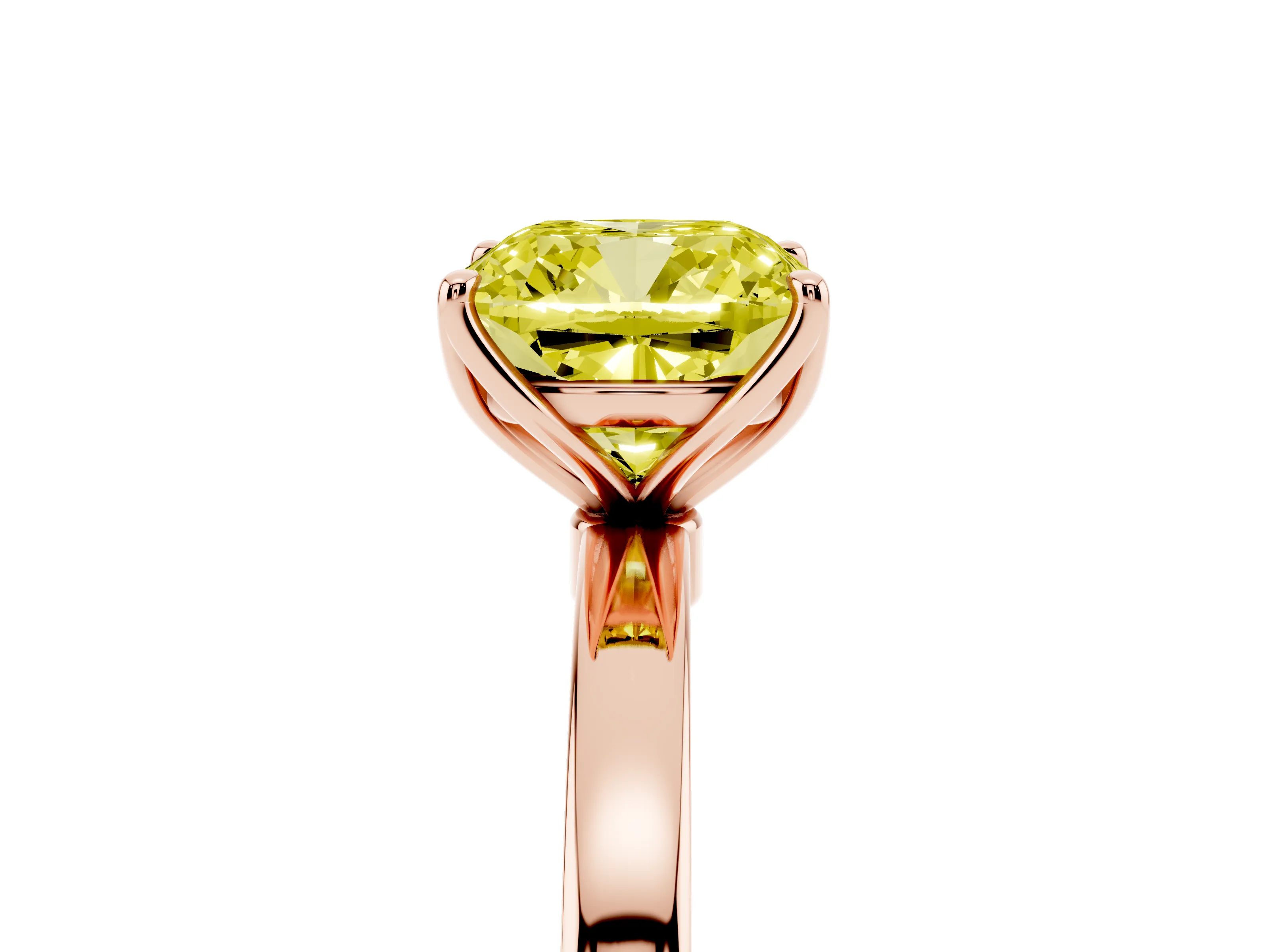 Fancy Yellow Cushion Cut Diamond Solitaire Ring Set in Rose gold with Prong Setting and Thin Polished Band