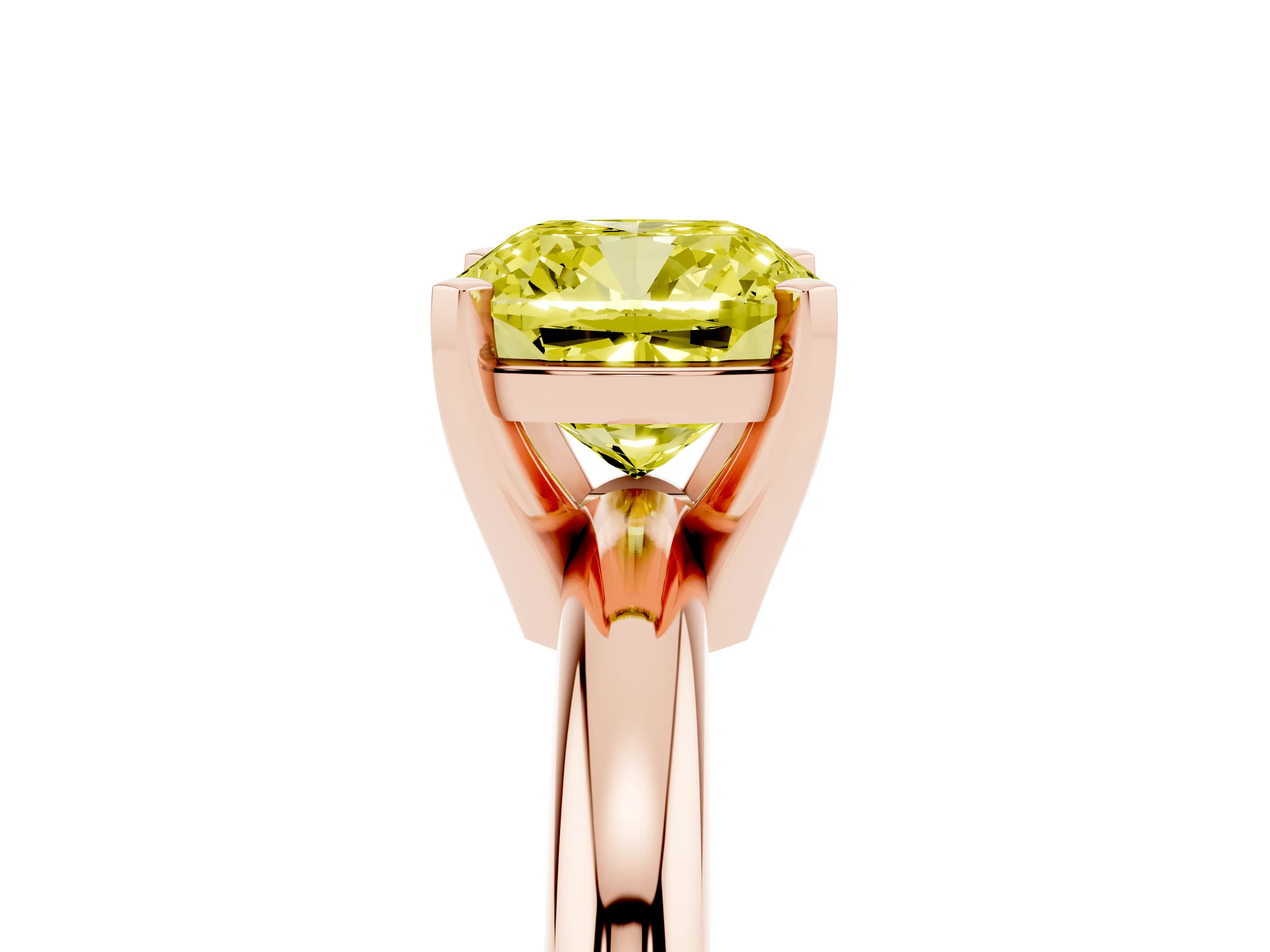 Fancy Yellow Cushion Cut Diamond Solitaire Engagement Ring Set in Rose gold with Round Band and Prong Setting
