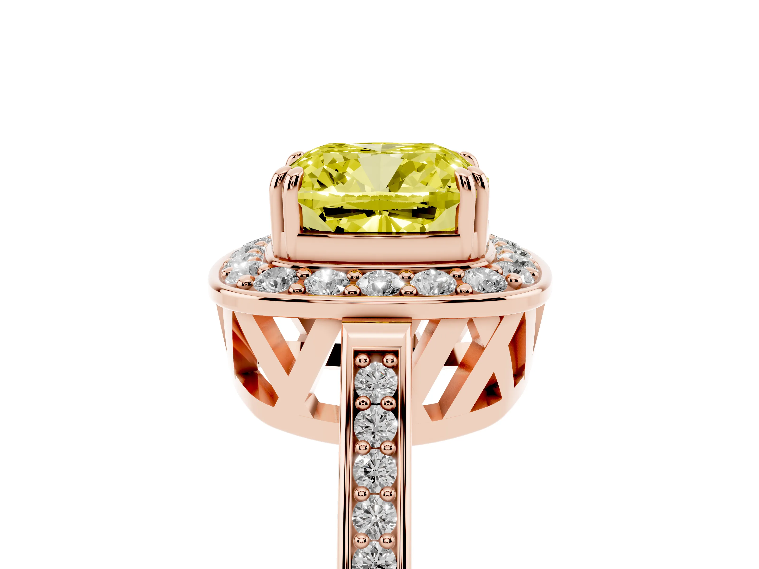 Fancy Yellow Cushion Cut Diamond Halo Ring Set in Rose gold with Accent-Lined Split Shank and Prong Setting