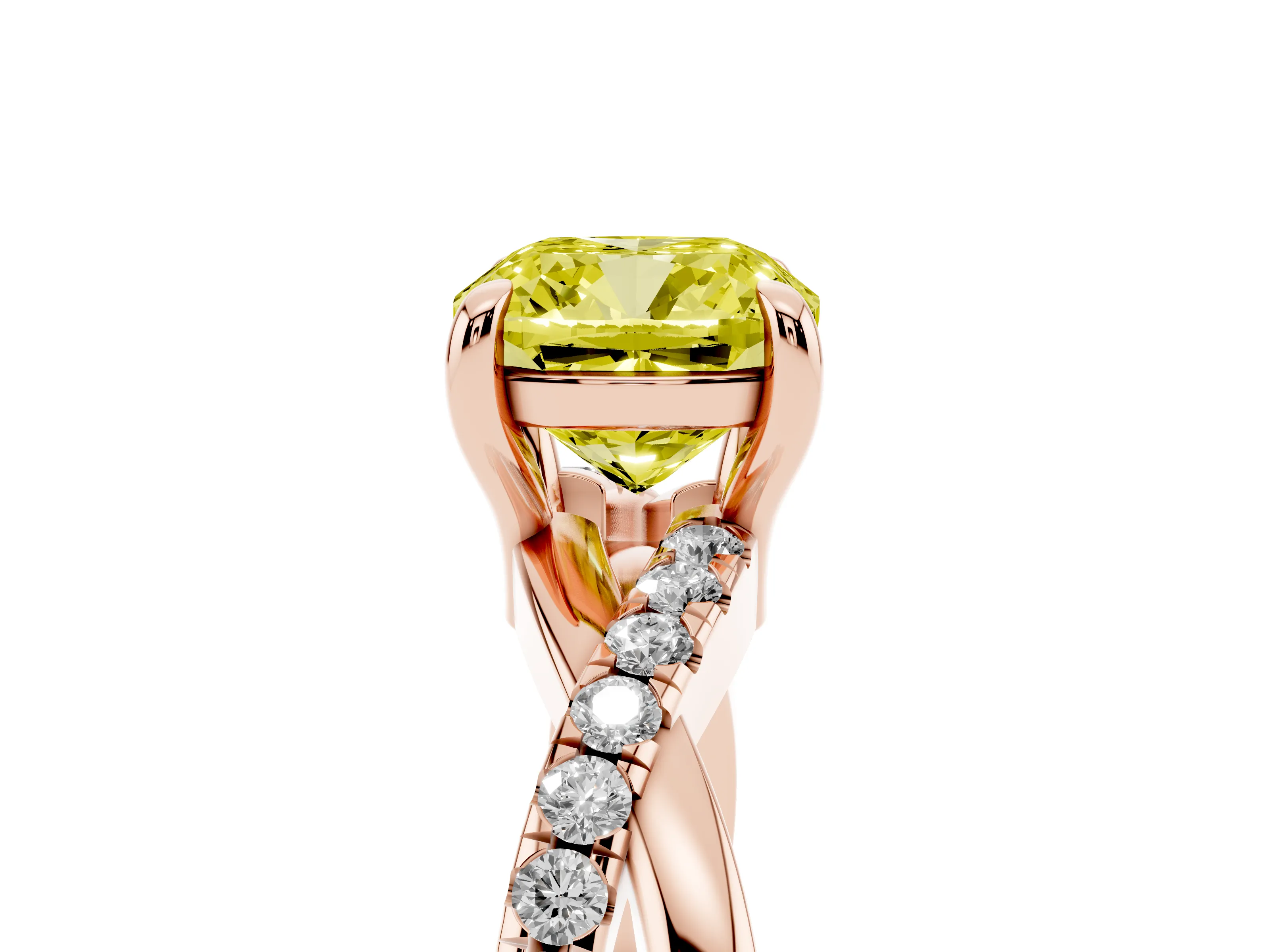 Fancy Yellow Cushion Cut Diamond Twist Band Pavé Solitaire Ring Set in Rose gold with Prong Setting