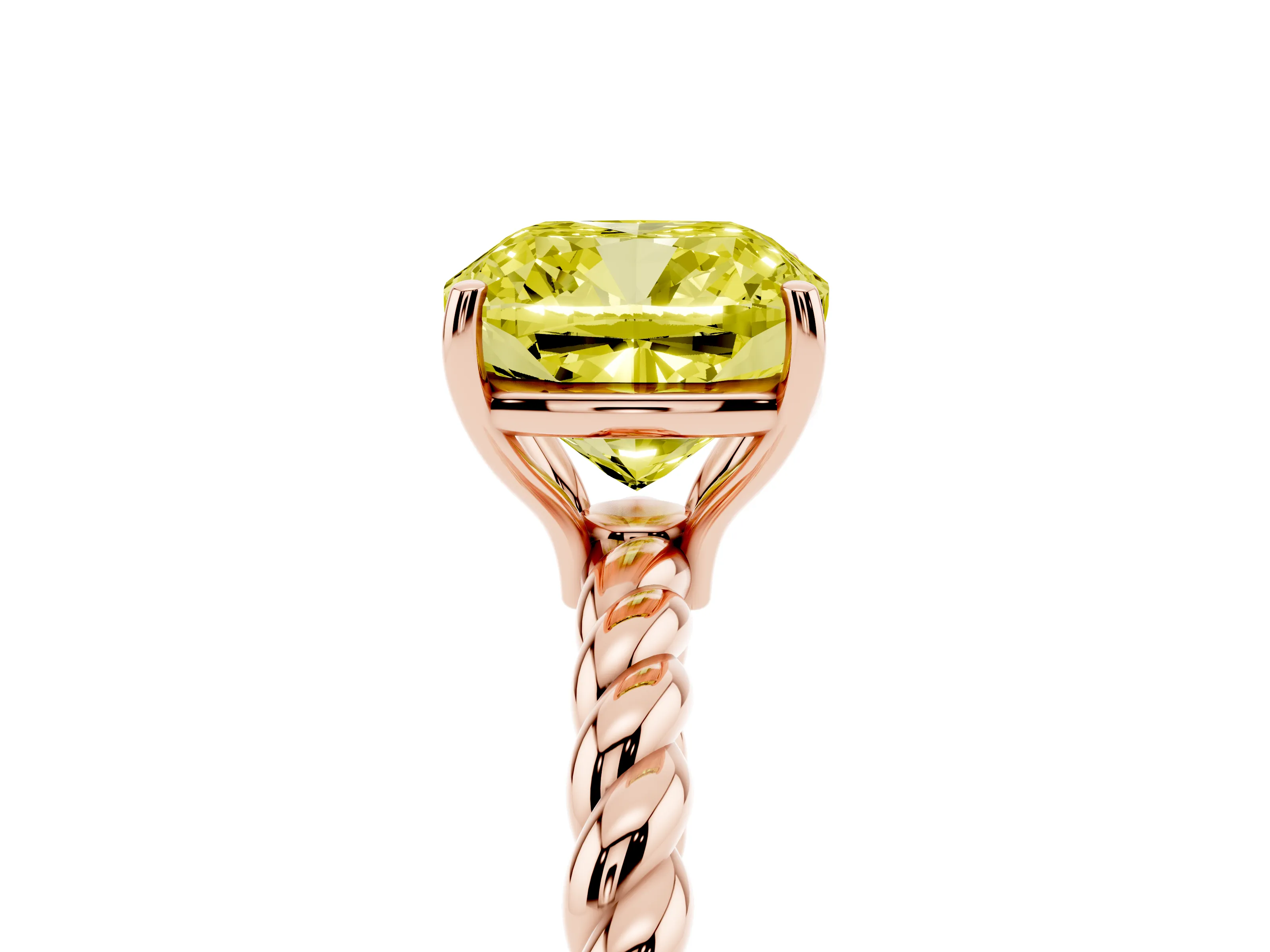 Fancy Yellow Cushion Cut Diamond Solitaire Ring Set in Rose gold with Twist Band and Prong Setting