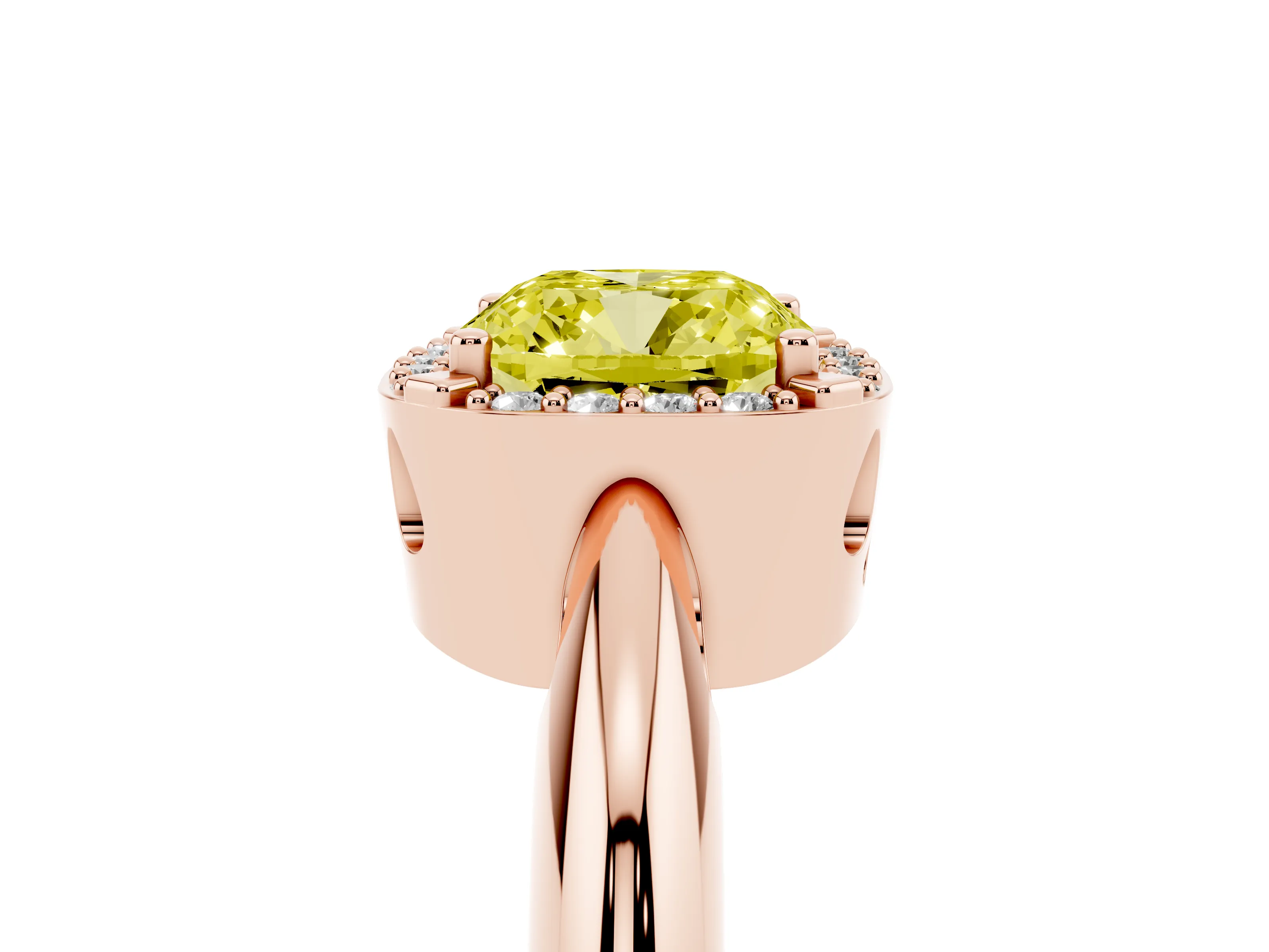 Fancy Yellow Cushion Cut Diamond Halo Engagement Ring Set in Rose gold with Plain Split Shank and Prong Setting