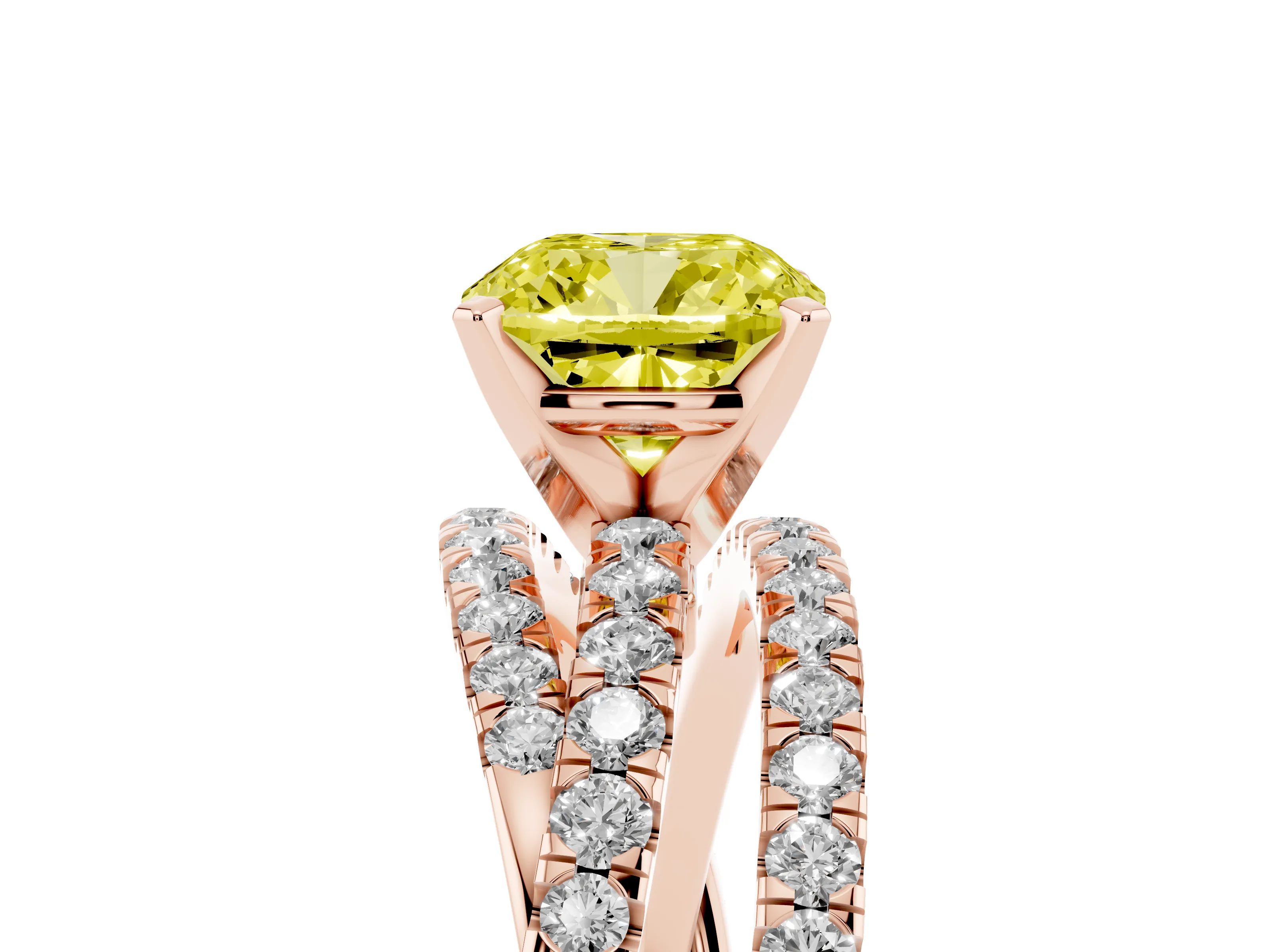 Fancy Yellow Cushion Cut Diamond Solitaire Twist Band Ring Set in Rose gold with Pavé Setting and Prong Head
