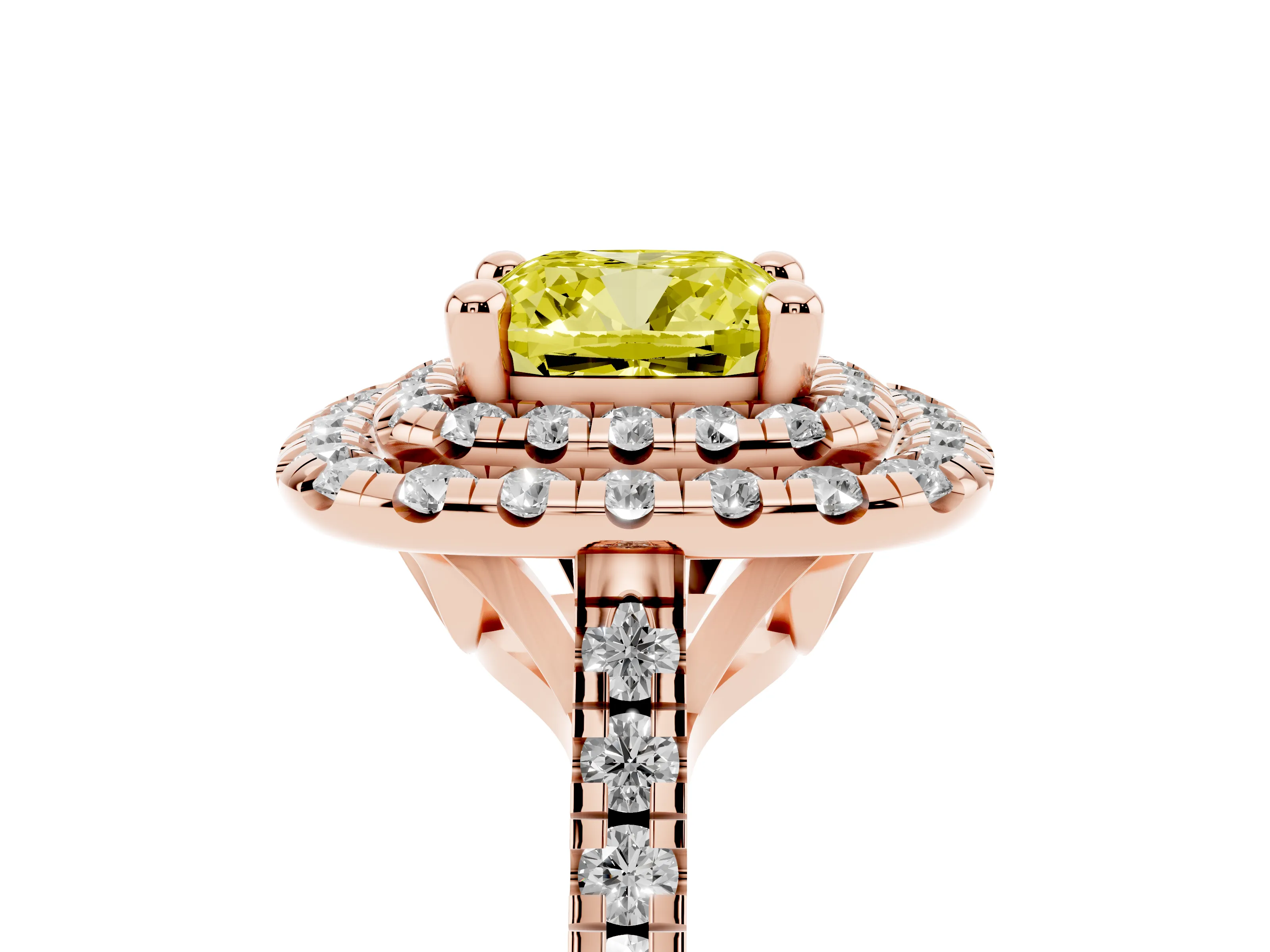 Fancy Yellow Cushion Cut Diamond Double Halo Statement Ring Set in Rose gold with Pavé Band