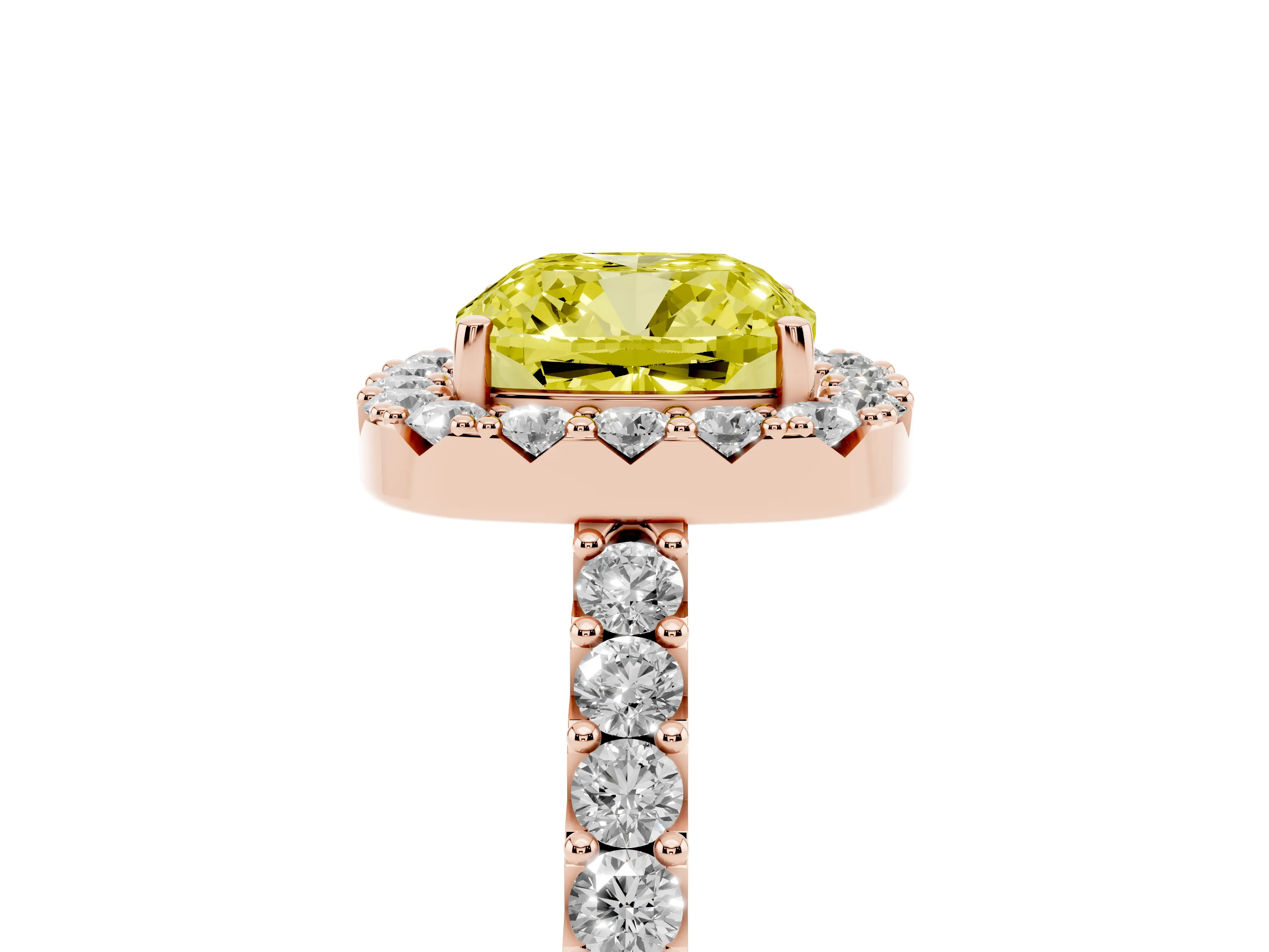 Fancy Yellow Cushion Cut Diamond Halo Pavé Solitaire Ring Set in Rose gold with Prong-Set Center Stone