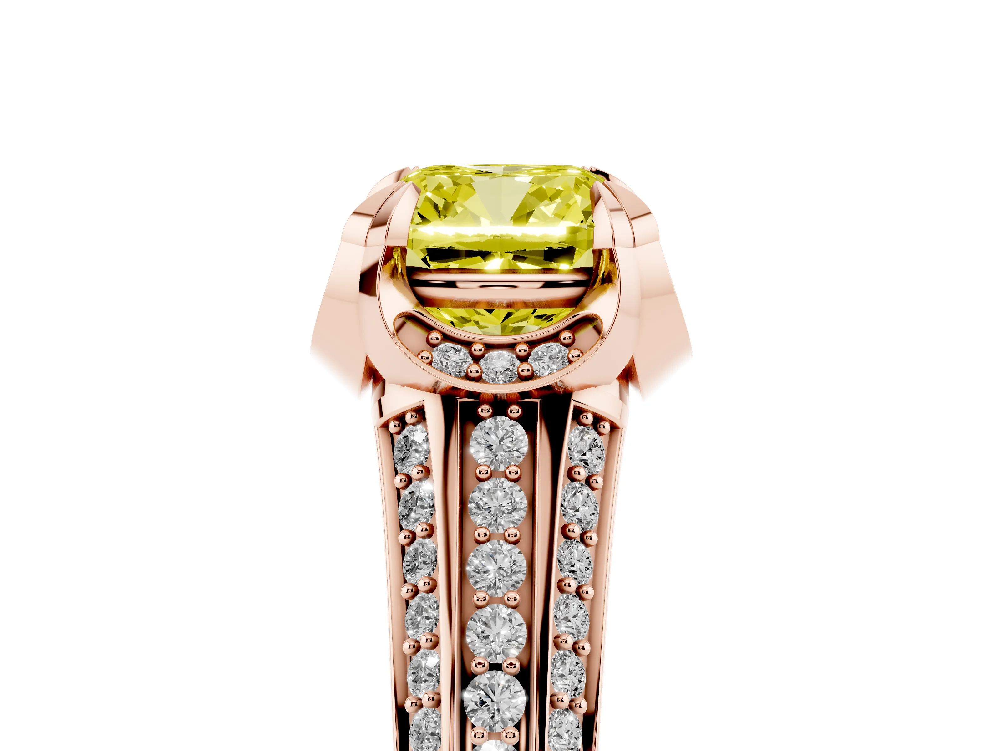 Fancy Yellow Cushion Cut Diamond Pavé Split Shank Solitaire Ring Set in Rose gold with Prong Setting