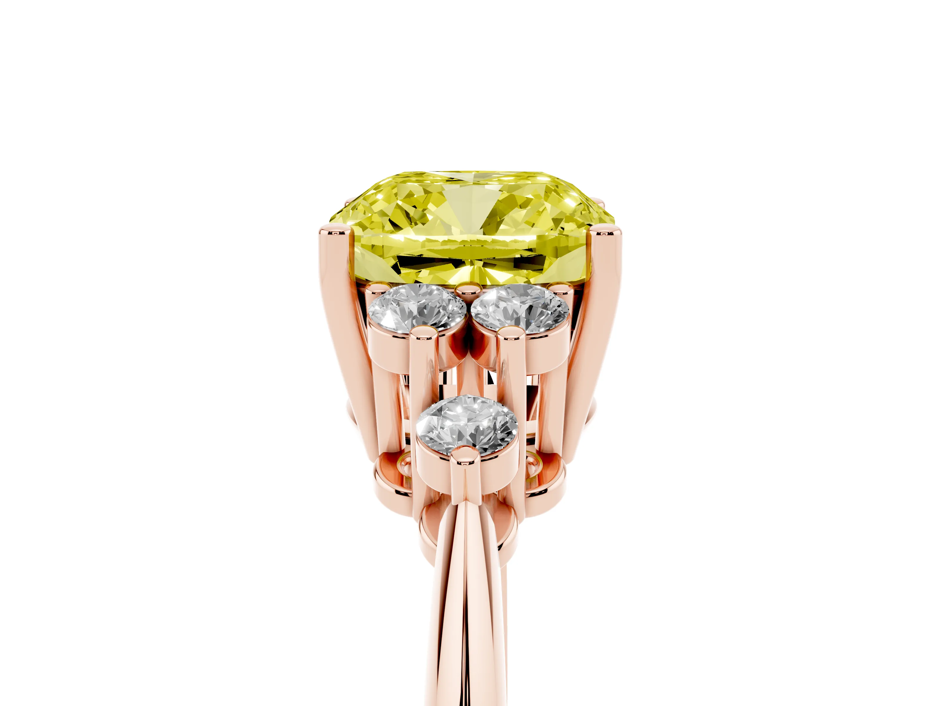Fancy Yellow Cushion Cut Diamond Cluster Ring Set in Rose gold with Plain Band and Prong Setting