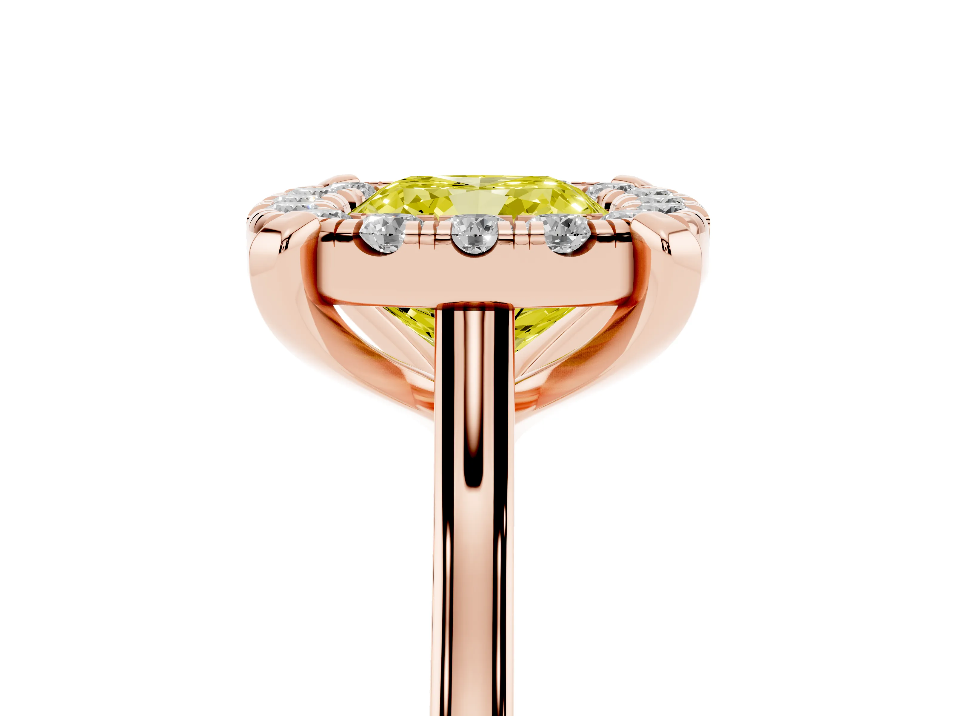 Fancy Yellow Cushion Cut Diamond Cluster Halo Solitaire Ring Set in Rose gold with Prong Setting
