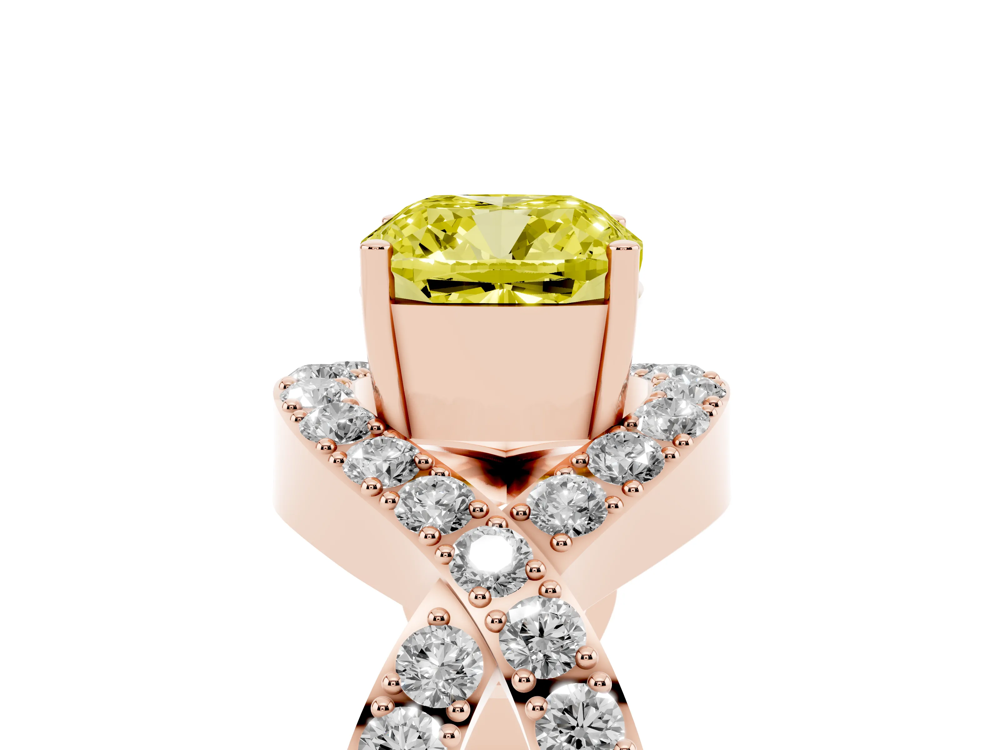 Fancy Yellow Cushion Cut Diamond Solitaire Twist Band Pavé Engagement Ring Set in Rose gold