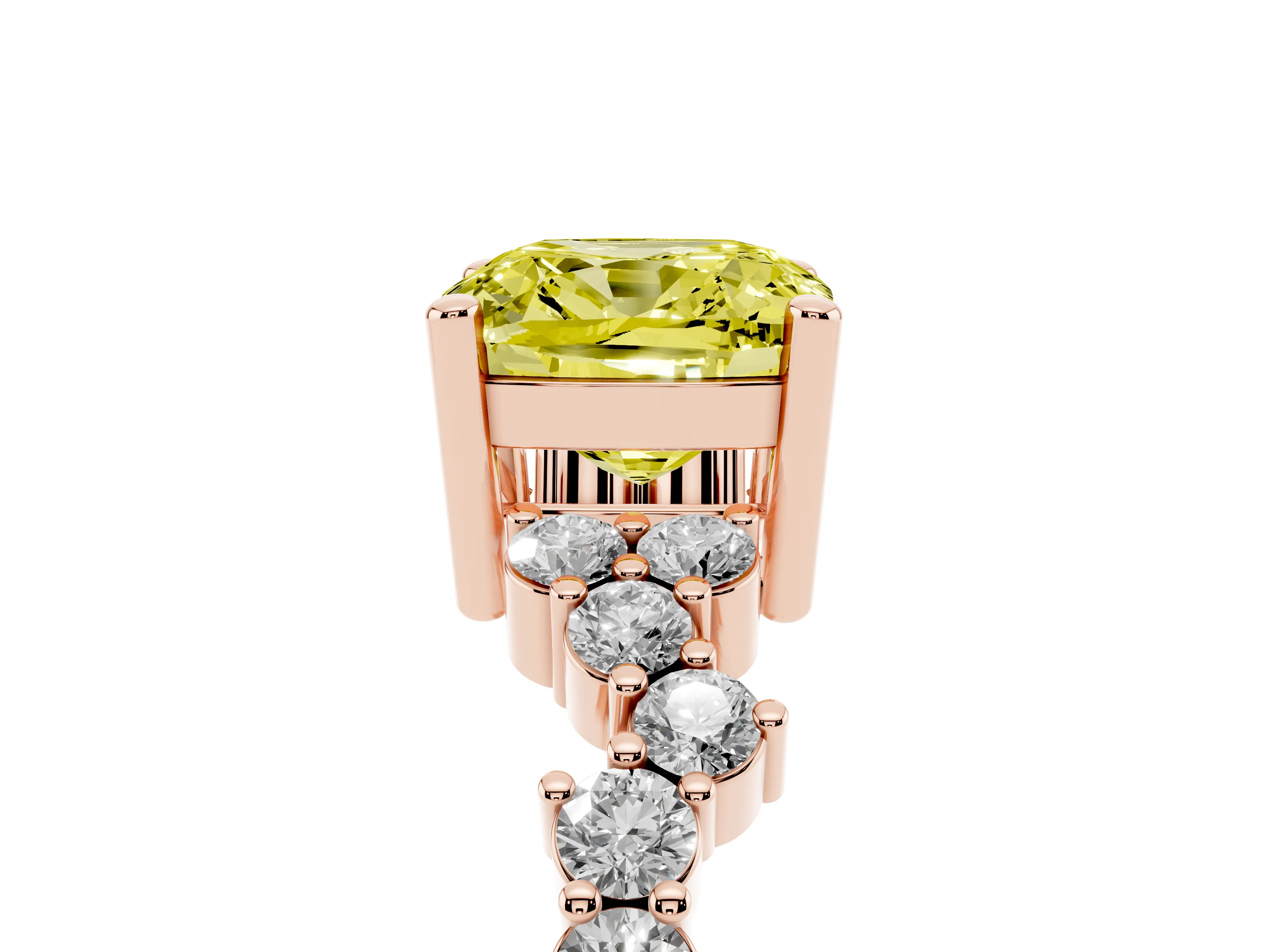 Fancy Yellow Cushion Cut Diamond Ring Set in Rose gold with Scattered Round Accents