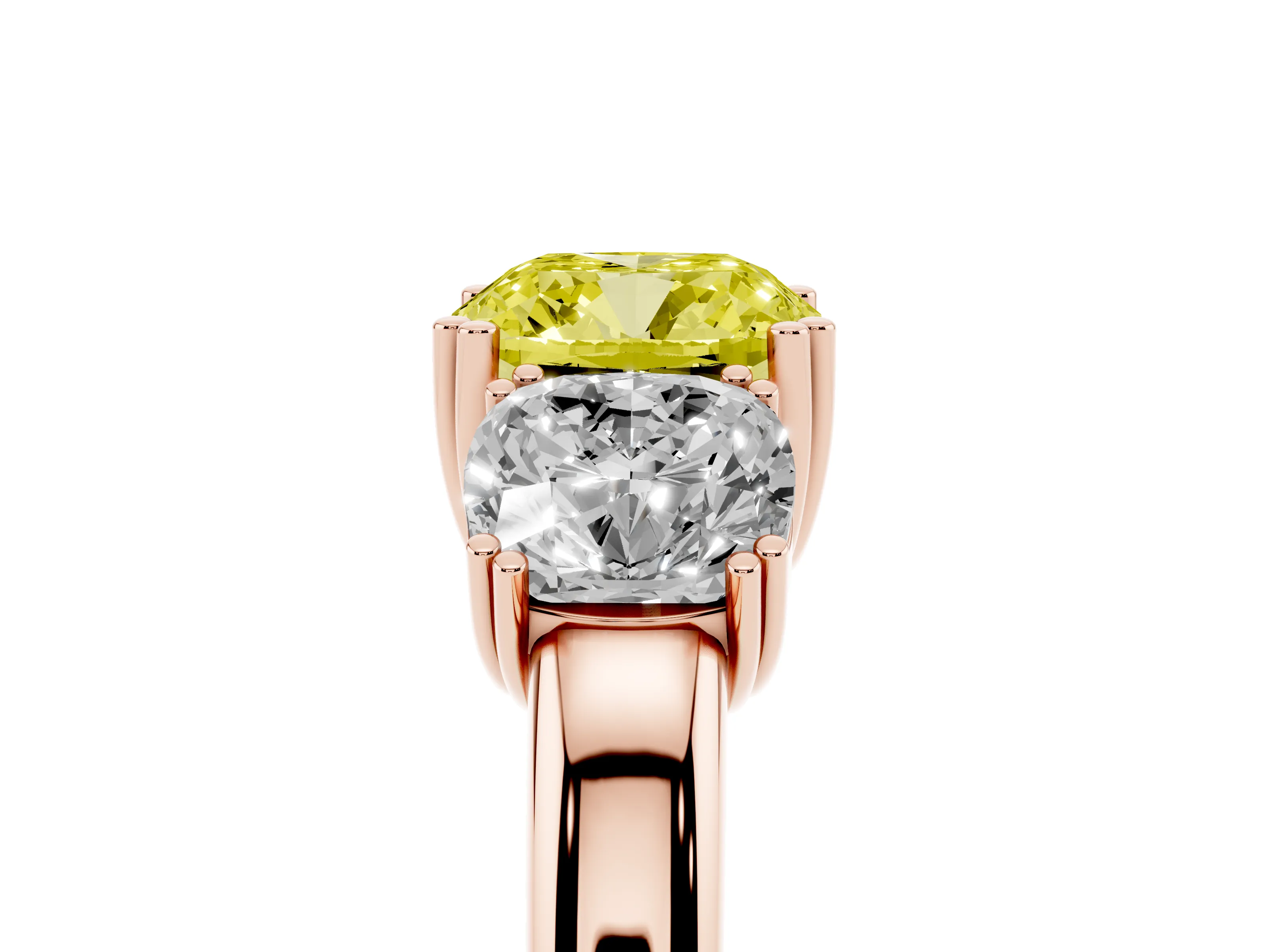 Fancy Yellow Cushion Cut Diamond Three-Stone Ring Set in Rose gold with Polished Band and Prong Setting