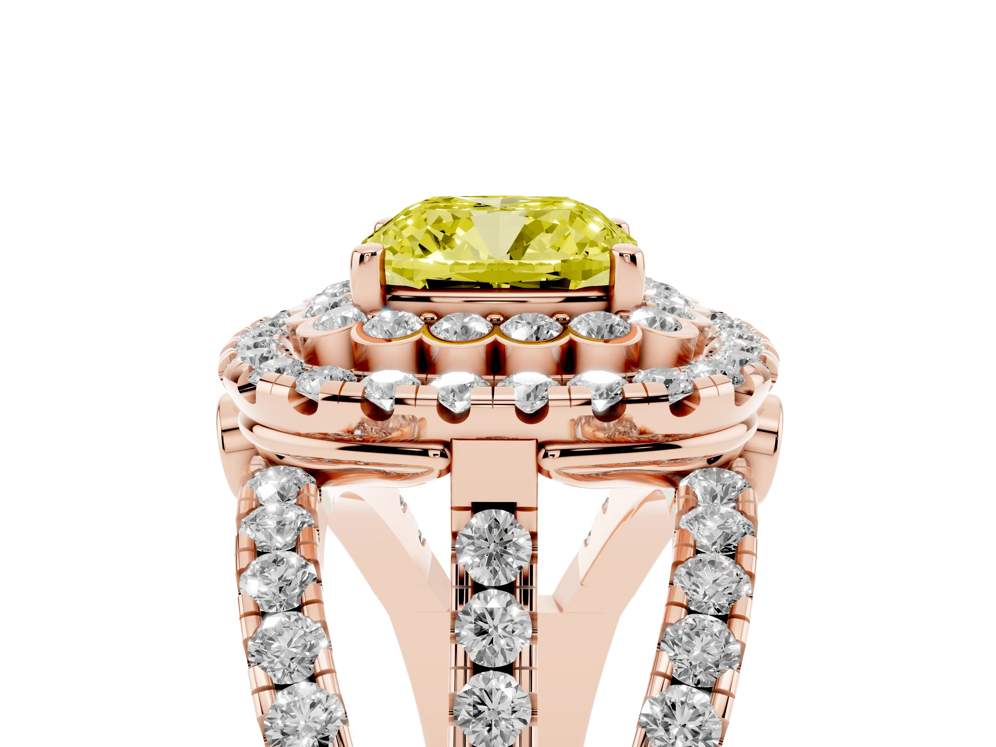 Fancy Yellow Cushion Cut Diamond Double Halo Ring Set in Rose gold with Round Pavé Split Shank