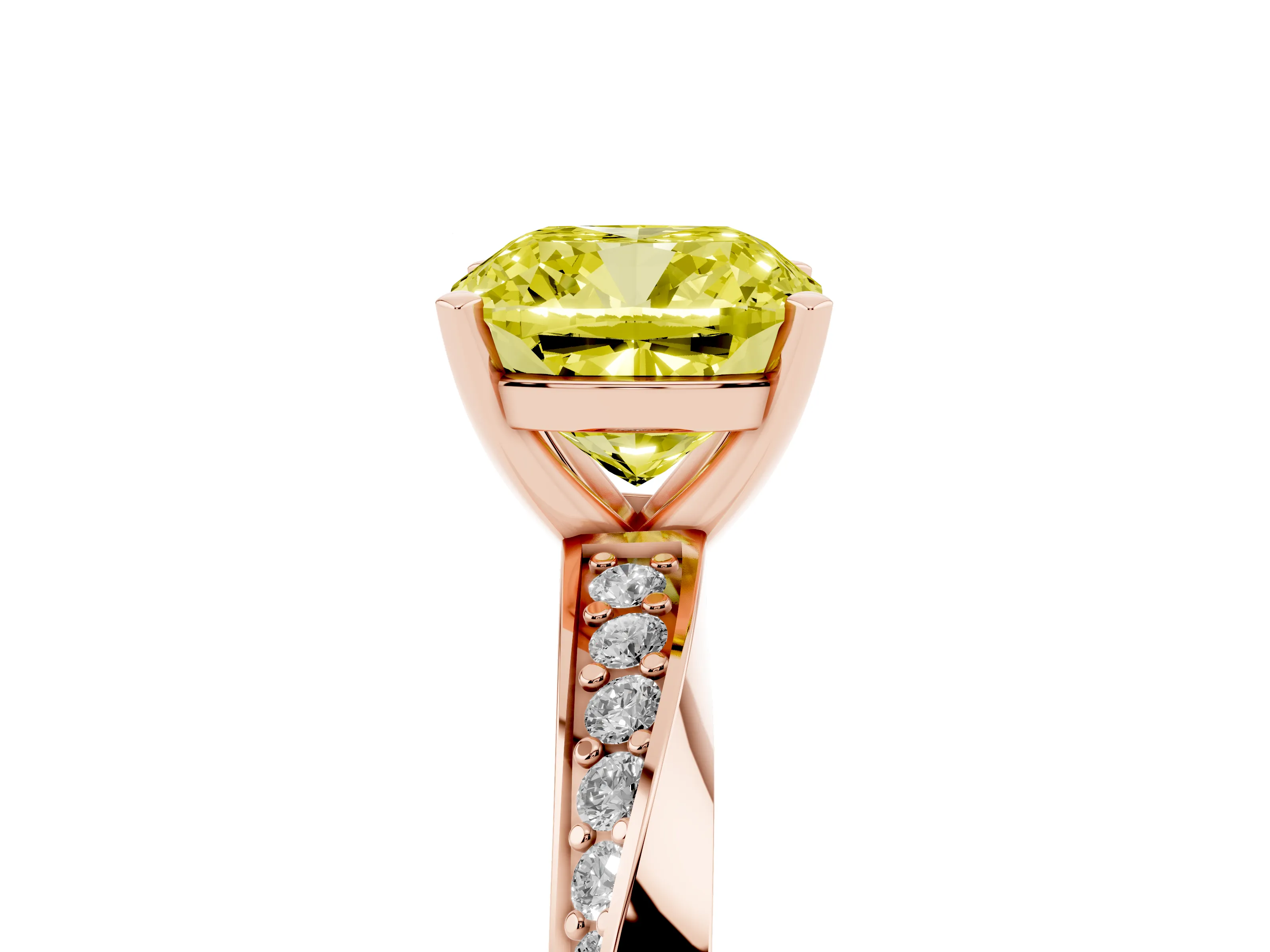 Fancy Yellow Cushion Cut Diamond Engagement Ring Set in Rose gold with Side Stone Accents and Prong Setting