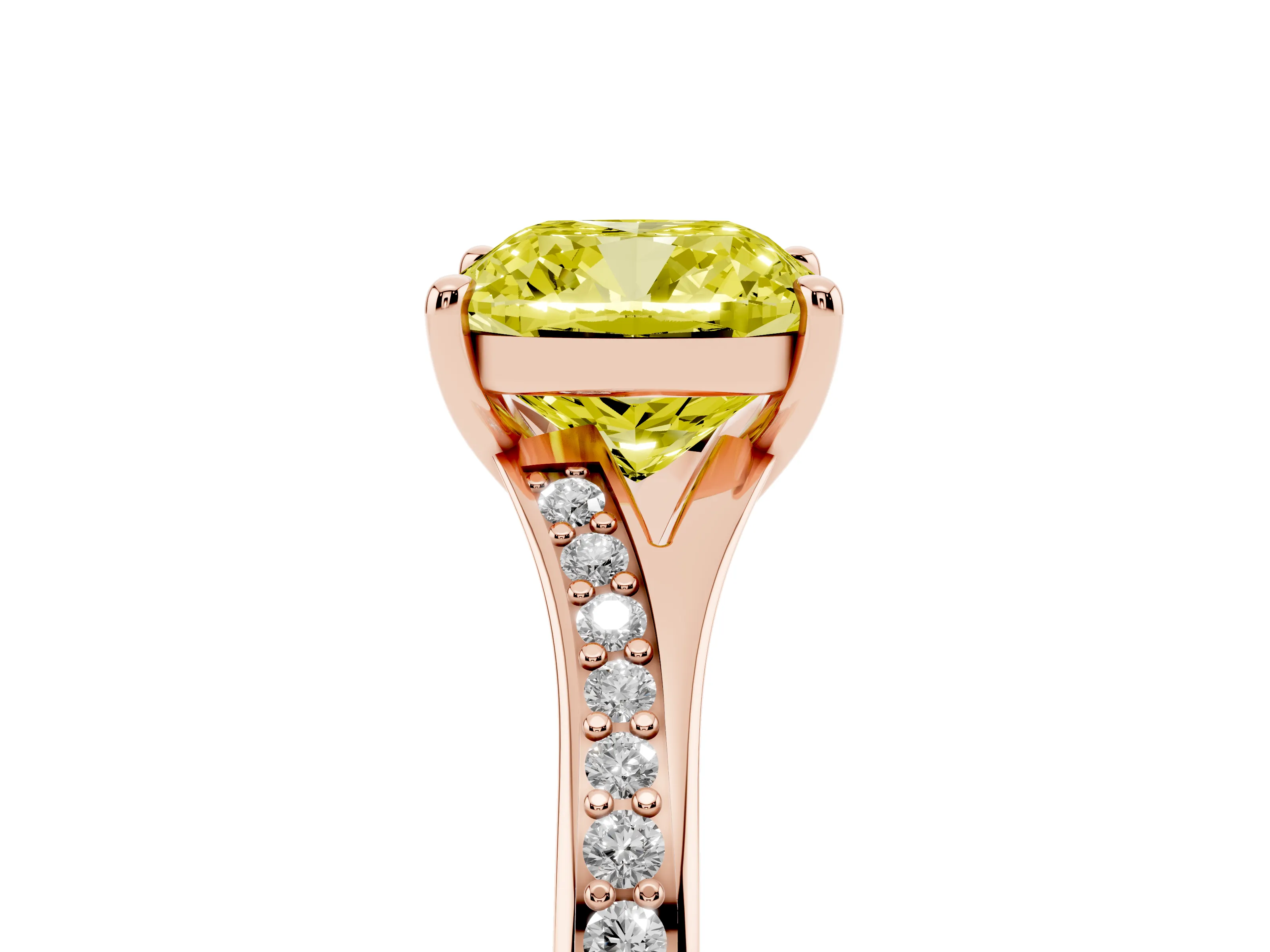 Fancy Yellow Cushion Cut Diamond Solitaire Ring Set in Rose gold with Pavé Accent Band and Classic Prong Setting