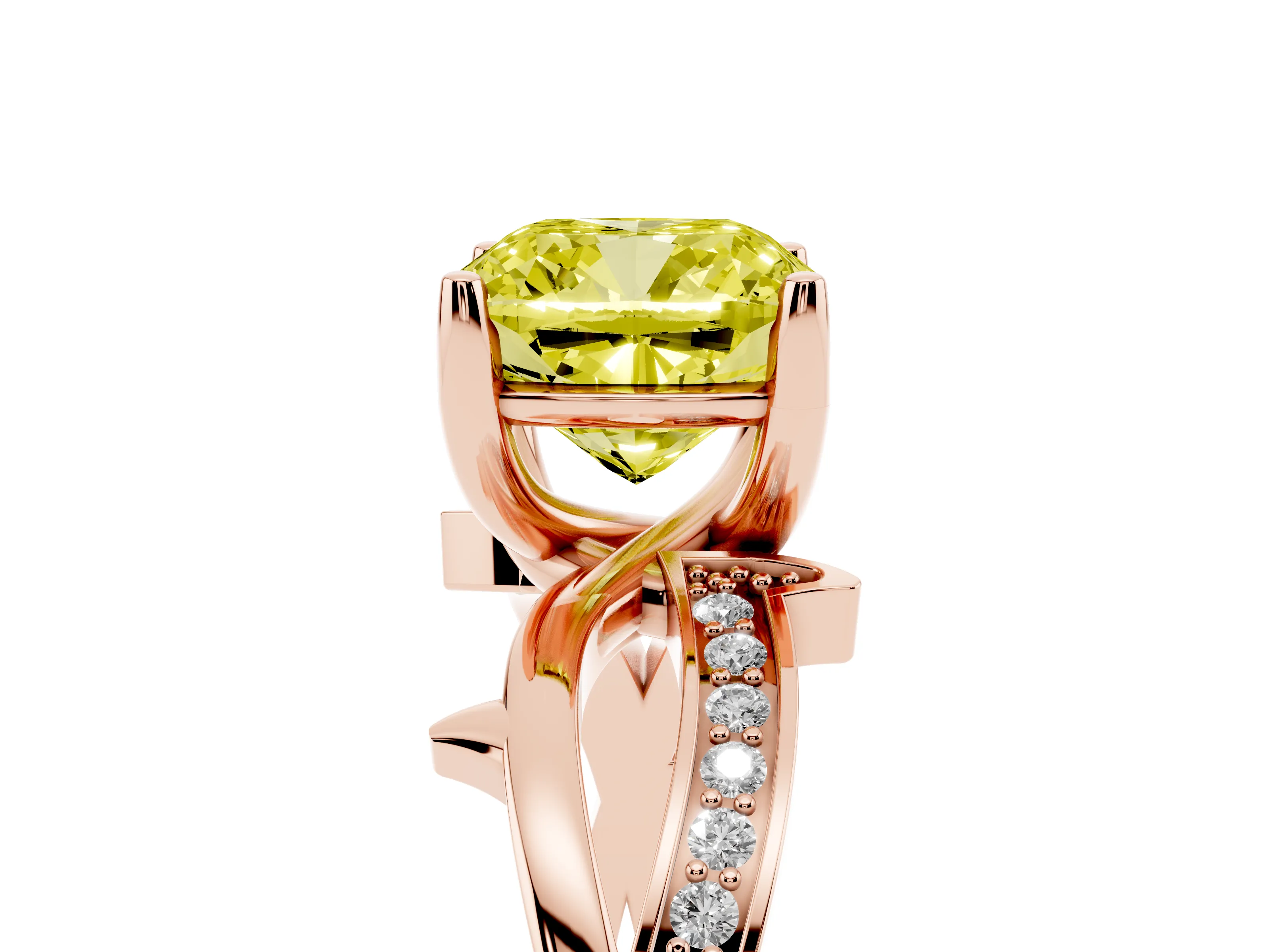 Fancy Yellow Cushion Cut Diamond Pavé Twist Band Solitaire Ring Set in Rose gold with Prong Setting