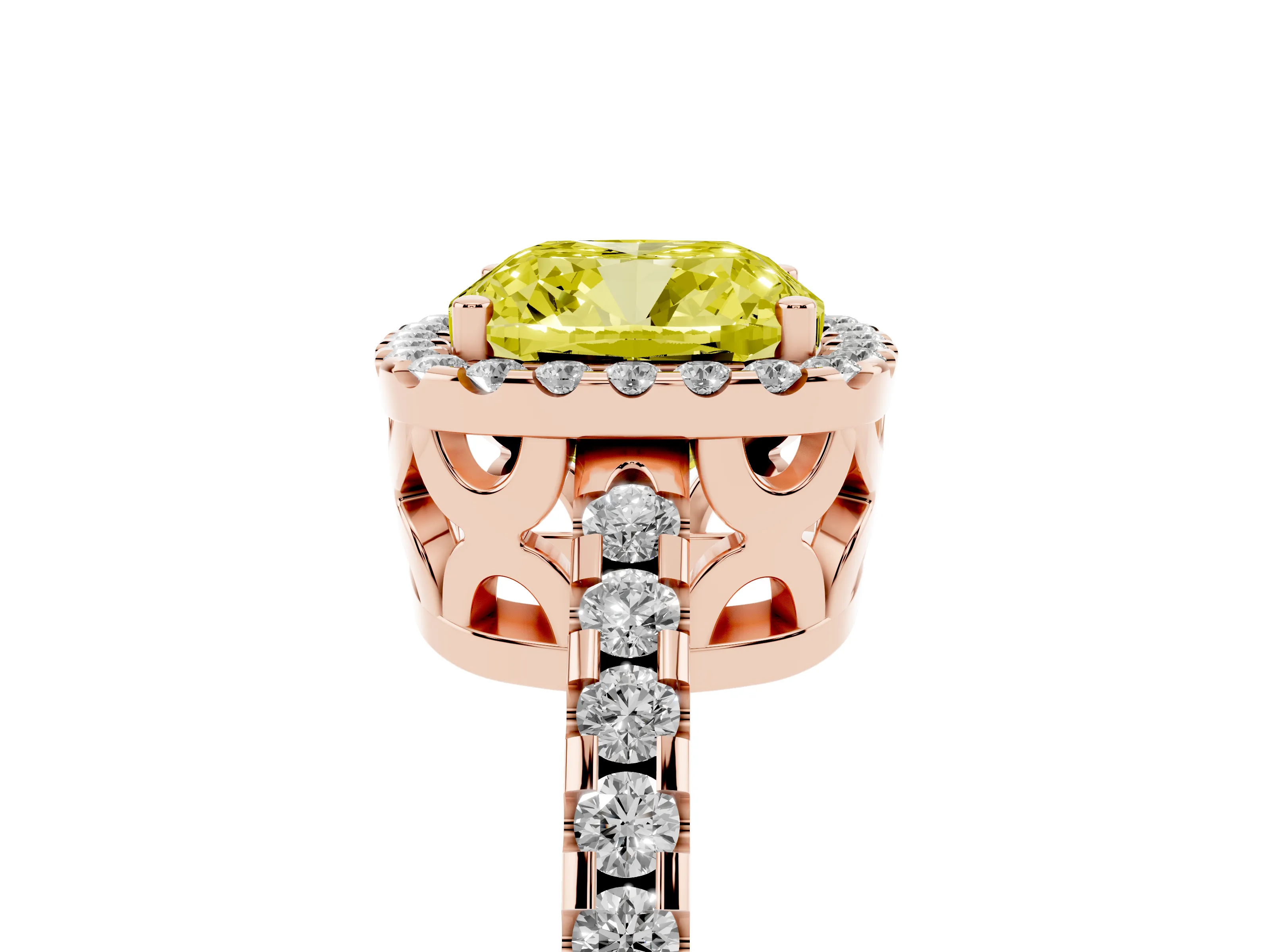 Fancy Yellow Cushion Cut Diamond Halo Ring Set in Rose gold with Pavé Shoulders and Halo-Framed Center