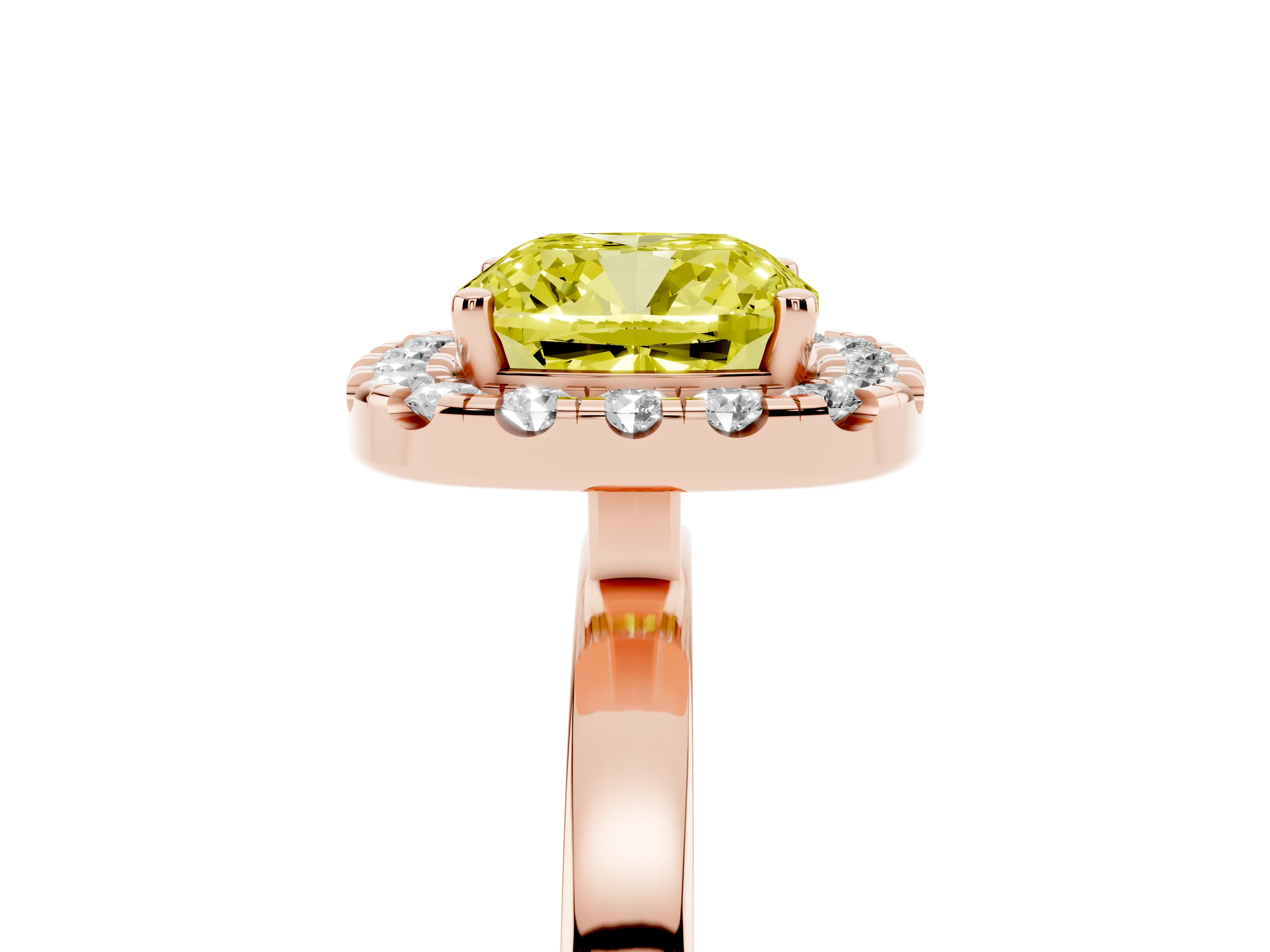 Fancy Yellow Cushion Cut Diamond Halo Solitaire Ring Set in Rose gold with Pavé Band and Prong Setting