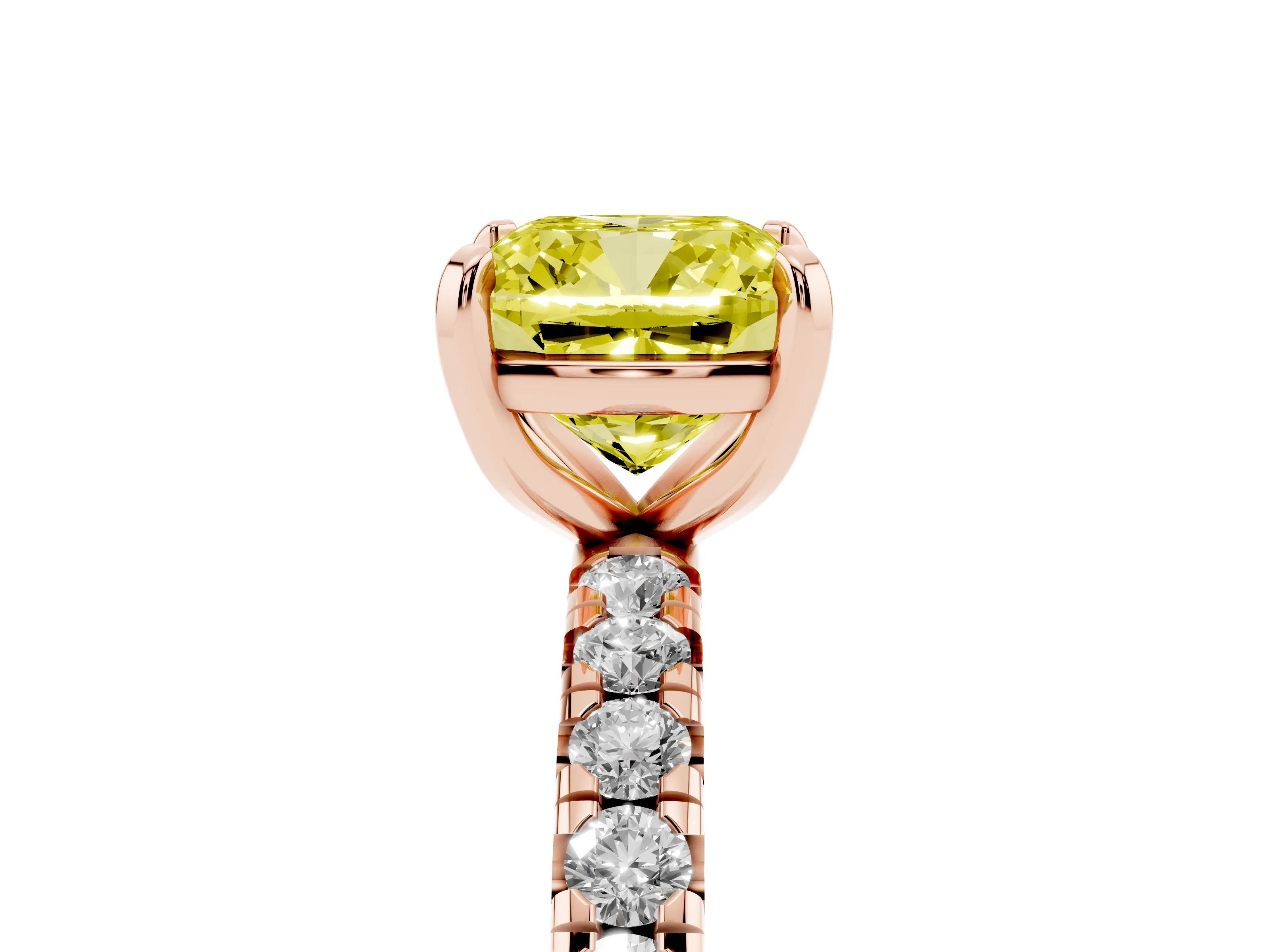 Fancy Yellow Cushion Cut Diamond Pavé Solitaire Ring Set in Rose gold with Round Band and Prong Setting