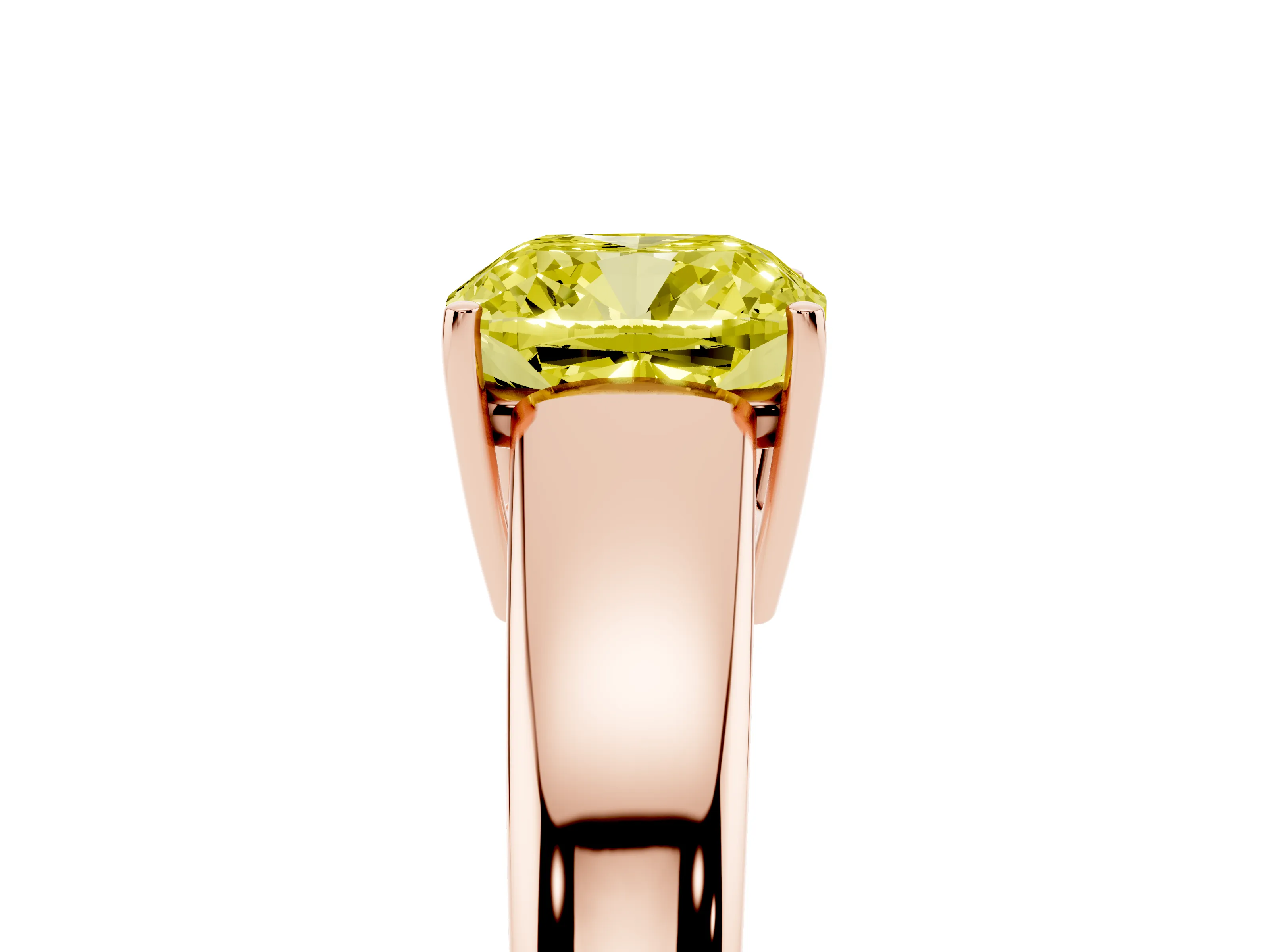 Fancy Yellow Cushion Cut Diamond Solitaire Ring Set in Rose gold with Tapered Band and Prong Setting