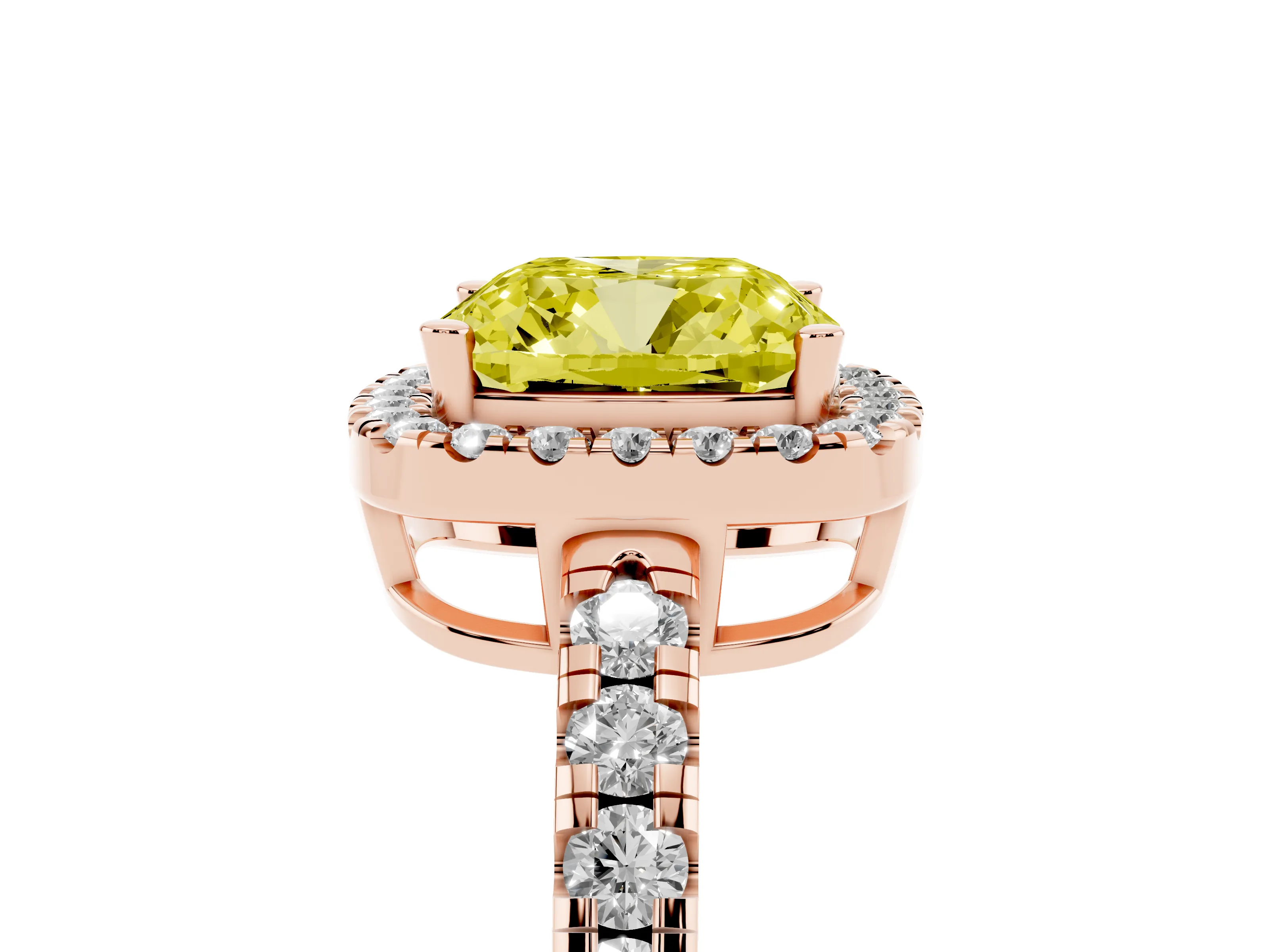 Fancy Yellow Cushion Cut Diamond Halo Ring Set in Rose gold with Delicate Pavé Band and Prong Setting