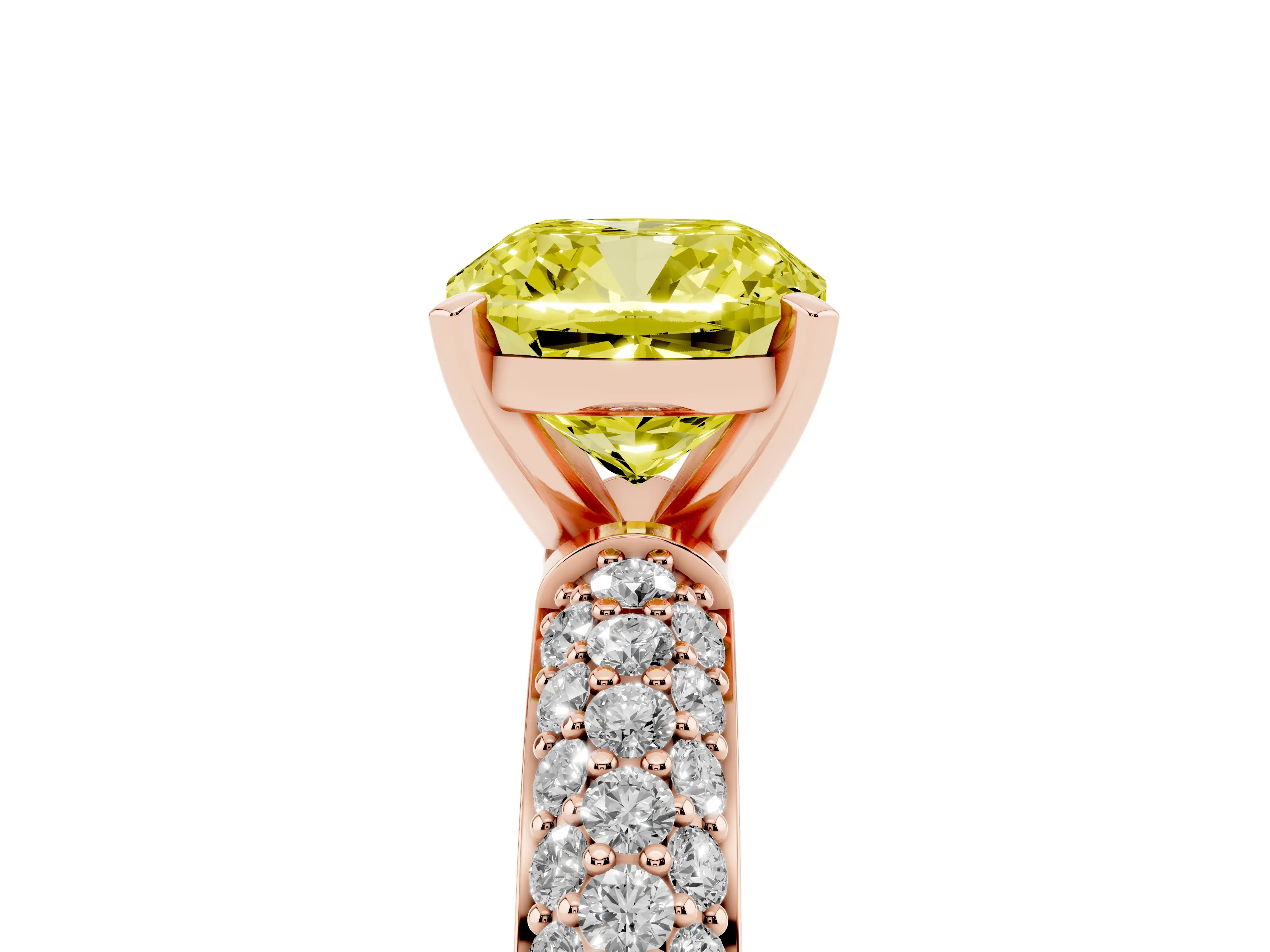 Fancy Yellow Cushion Cut Diamond Solitaire Ring Set in Rose gold with Prong Setting and Pavé-Set Band