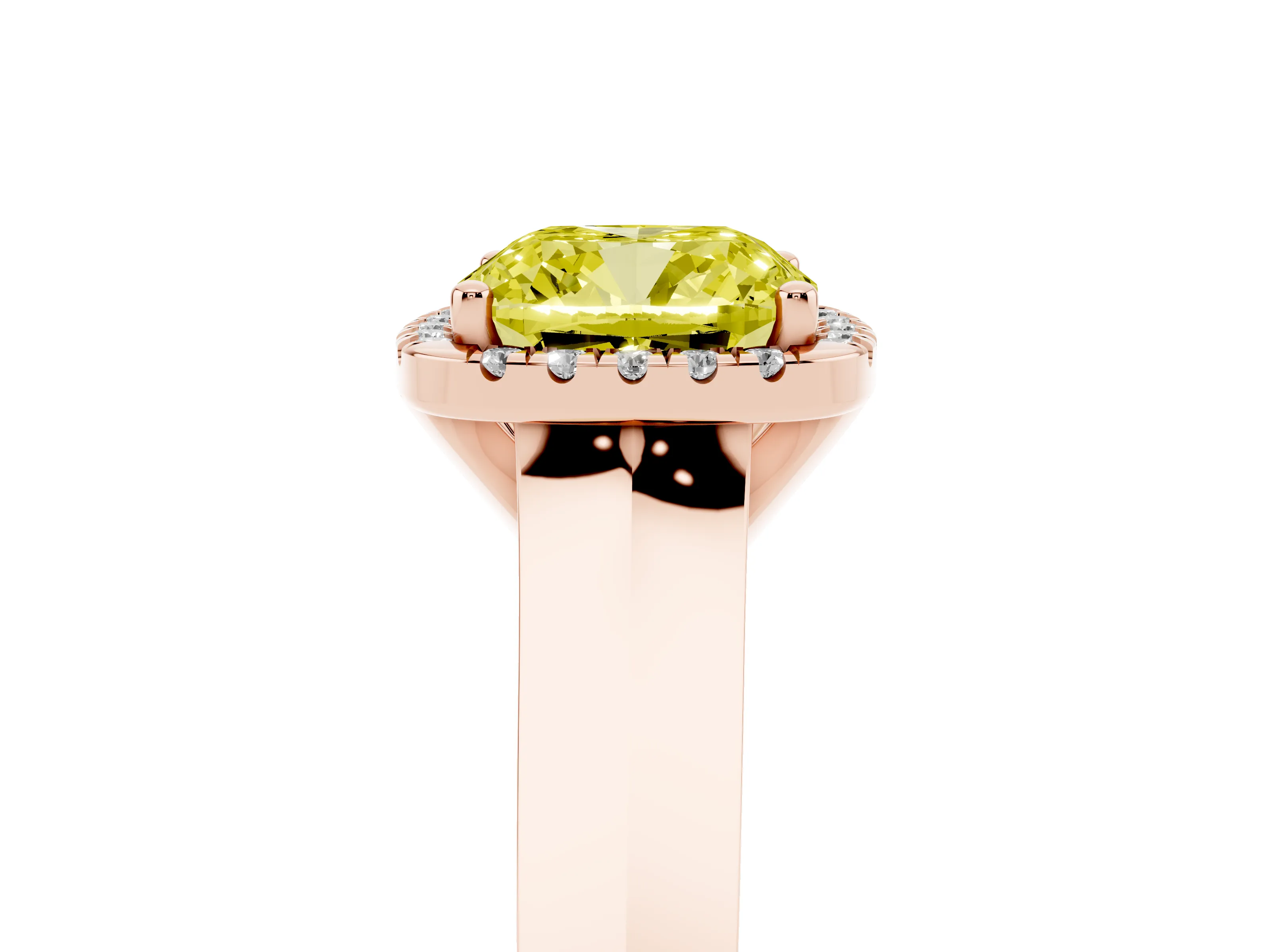 Fancy Yellow Cushion Cut Diamond Halo Ring Set in Rose gold with Cathedral Band and Prong Setting