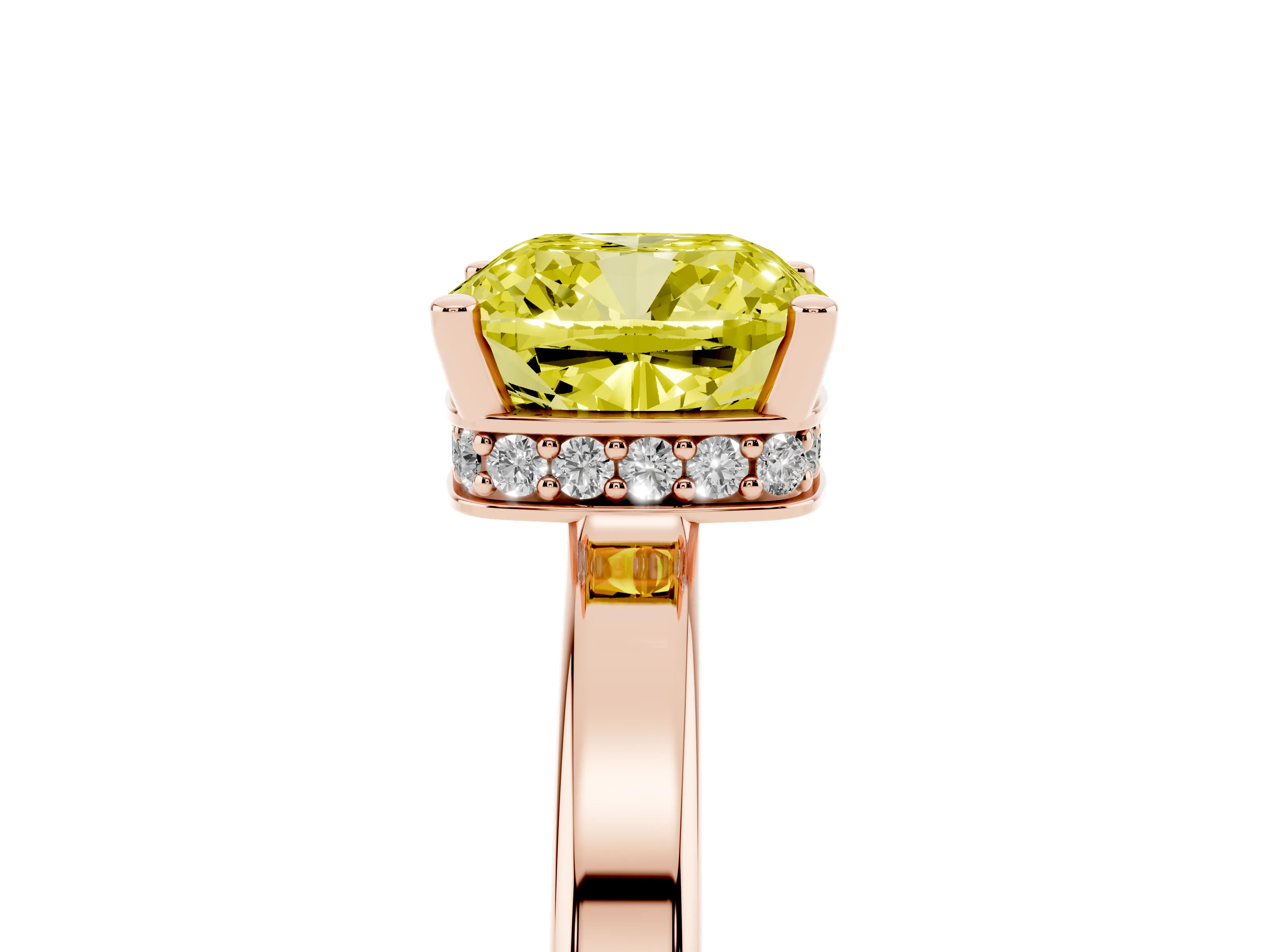 Fancy Yellow Cushion Cut Diamond Solitaire Engagement Ring Set in Rose gold with Prong Setting on a Plain Band