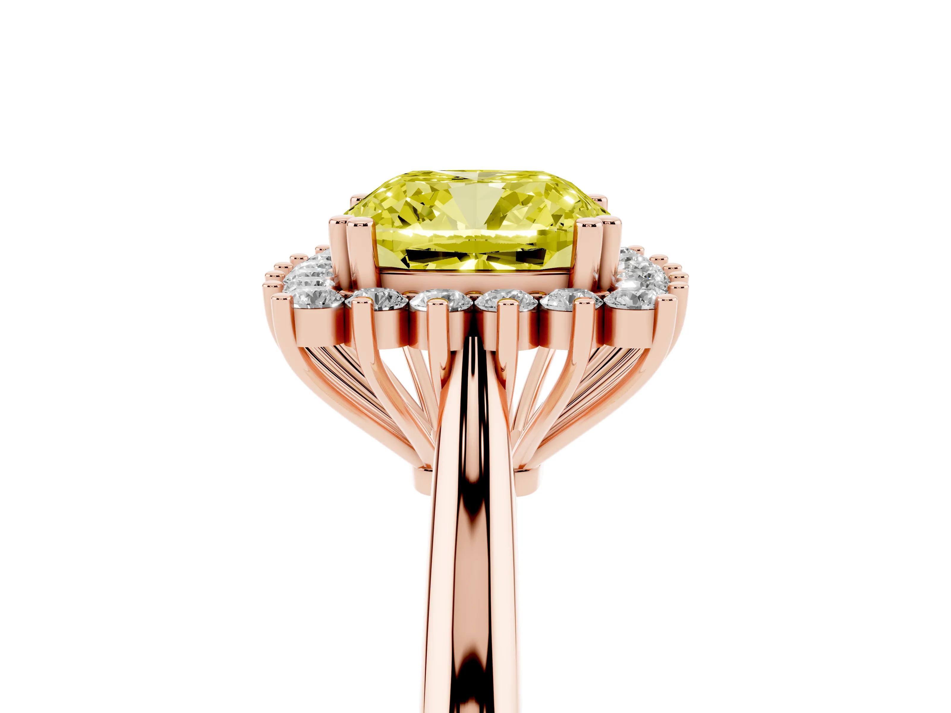 Fancy Yellow Cushion Cut Diamond Halo Ring Set in Rose gold with Plain Solitaire Band and Prong Setting