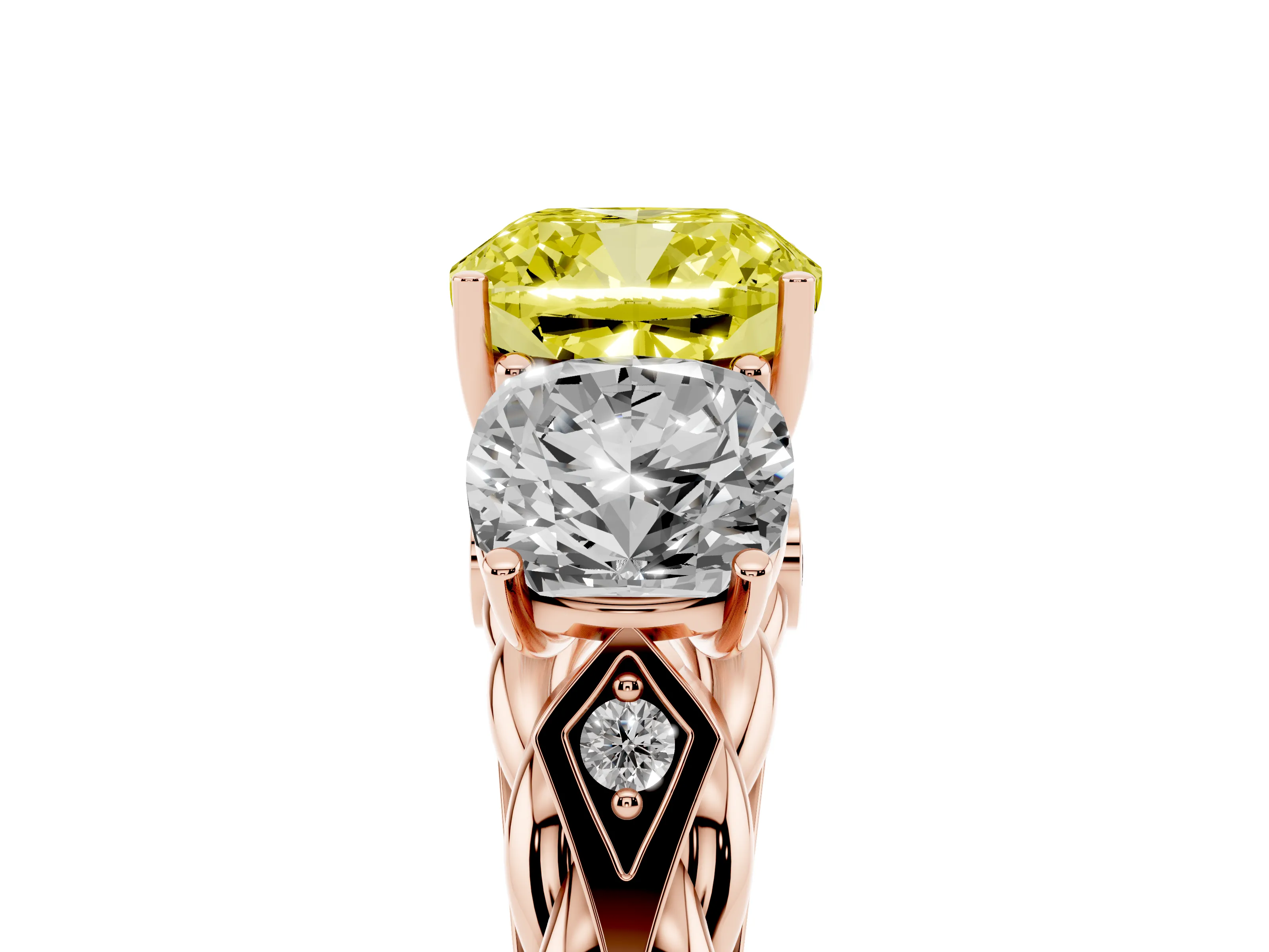 Fancy Yellow Cushion Cut Diamond Three-Stone Ring Set in Rose gold with Braided Band