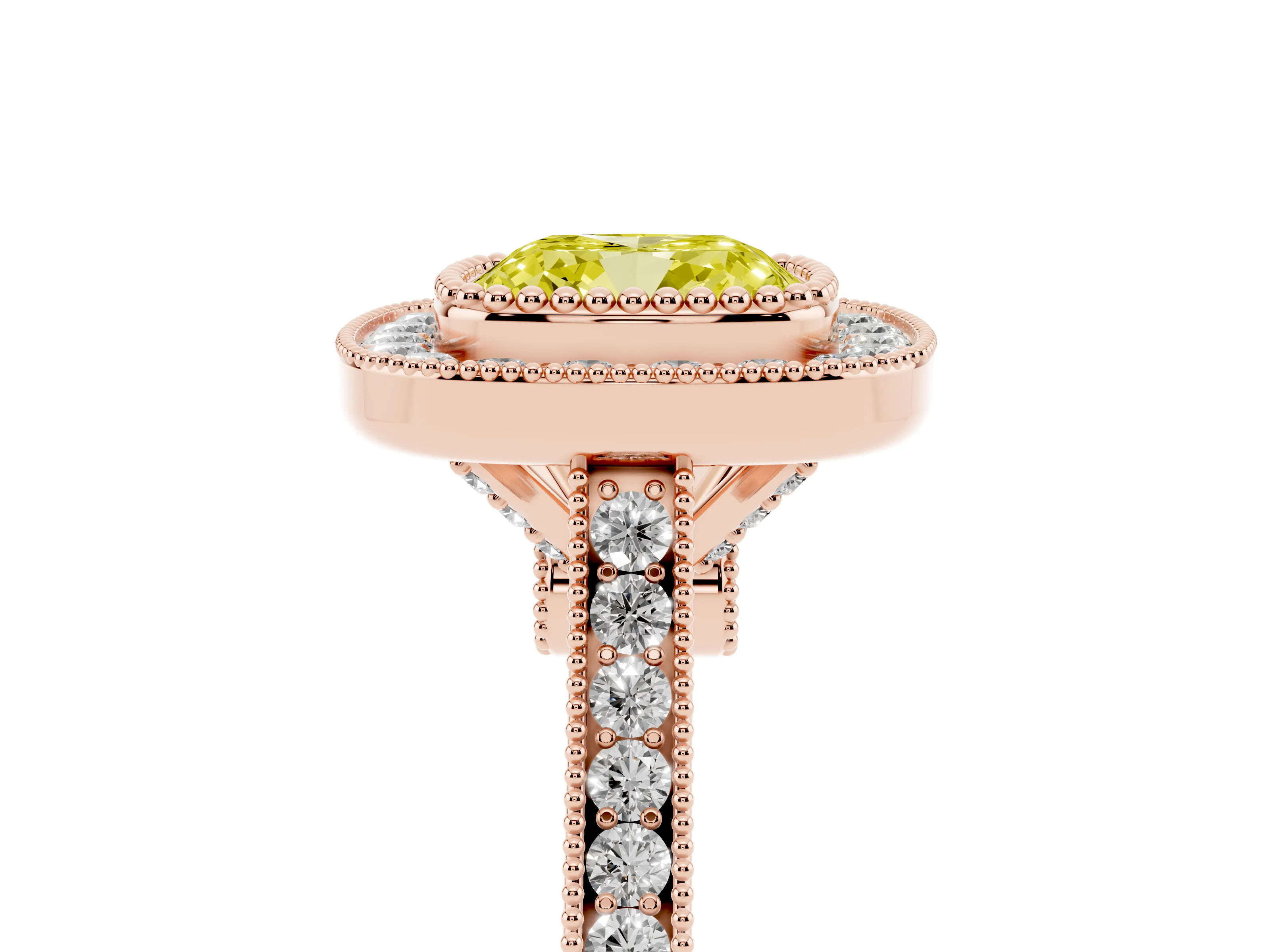 Fancy Yellow Cushion Cut Diamond Halo Ring Set in Rose gold with Milgrain Frame and Pavé Band