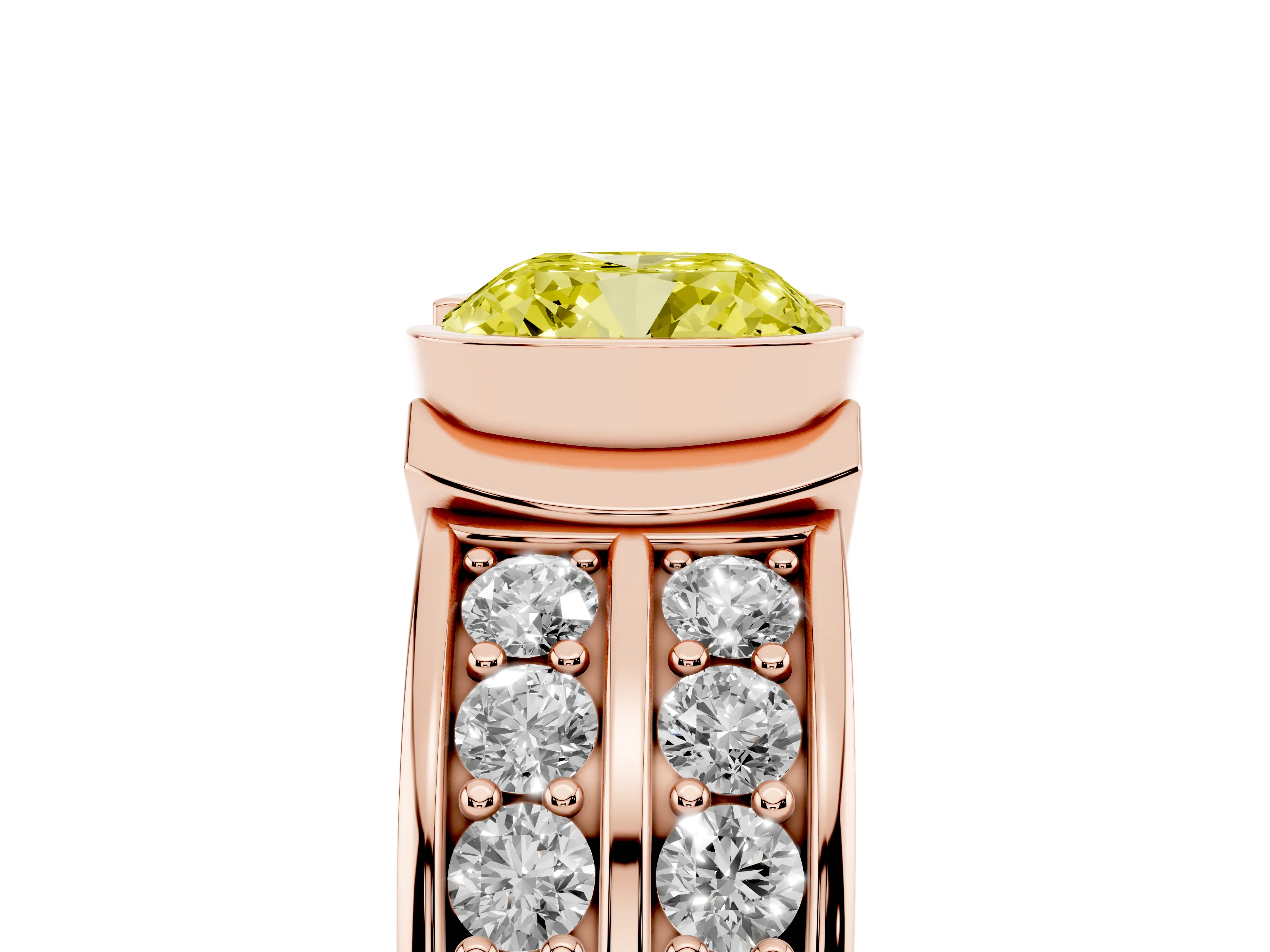 Fancy Yellow Cushion Cut Diamond Wide Channel Set Band Ring Set in Rose gold with Bezel Setting