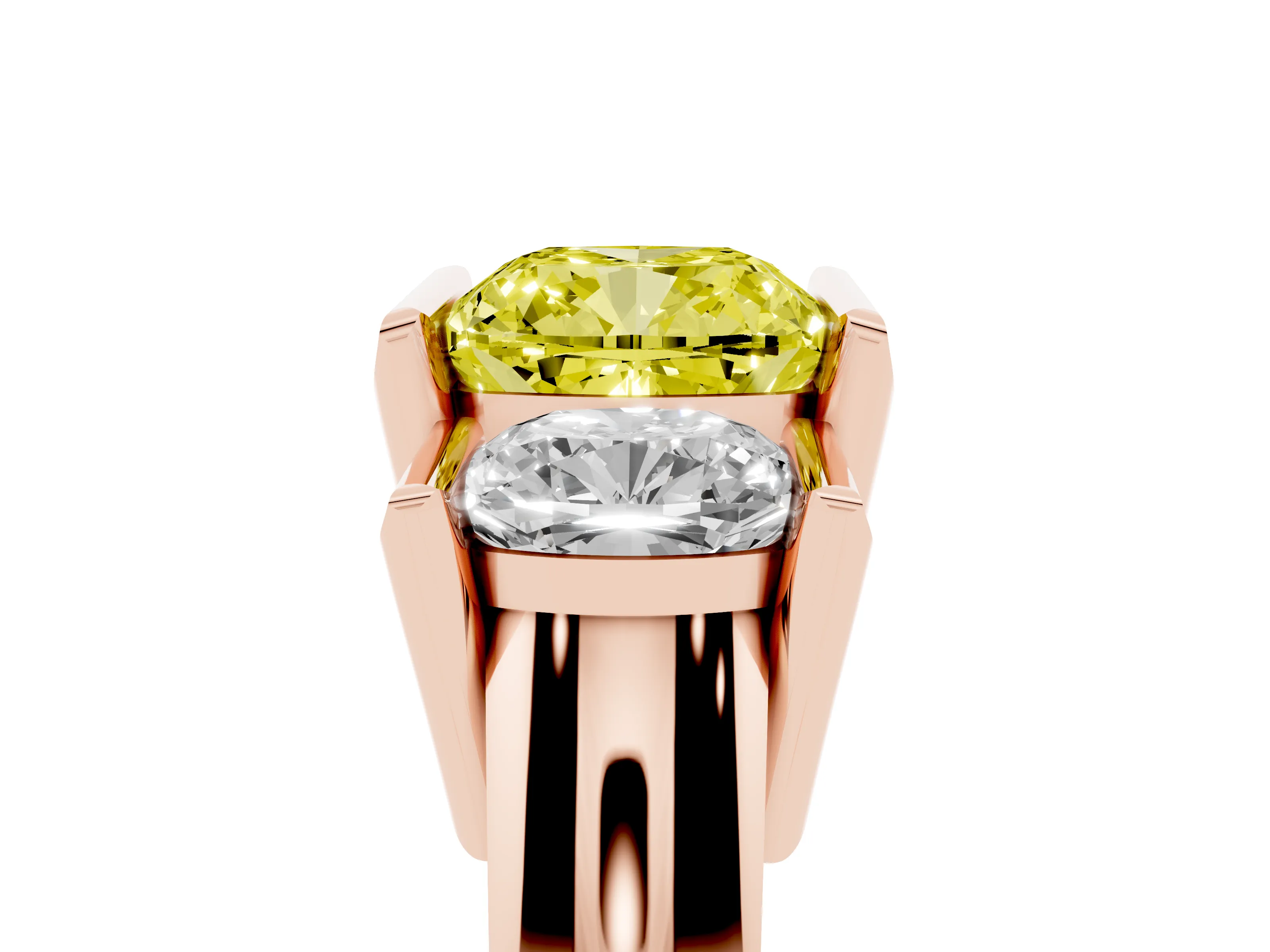 Fancy Yellow Cushion Cut Diamond Three-Stone Channel Set Ring Set in Rose gold with Smooth Polished Band