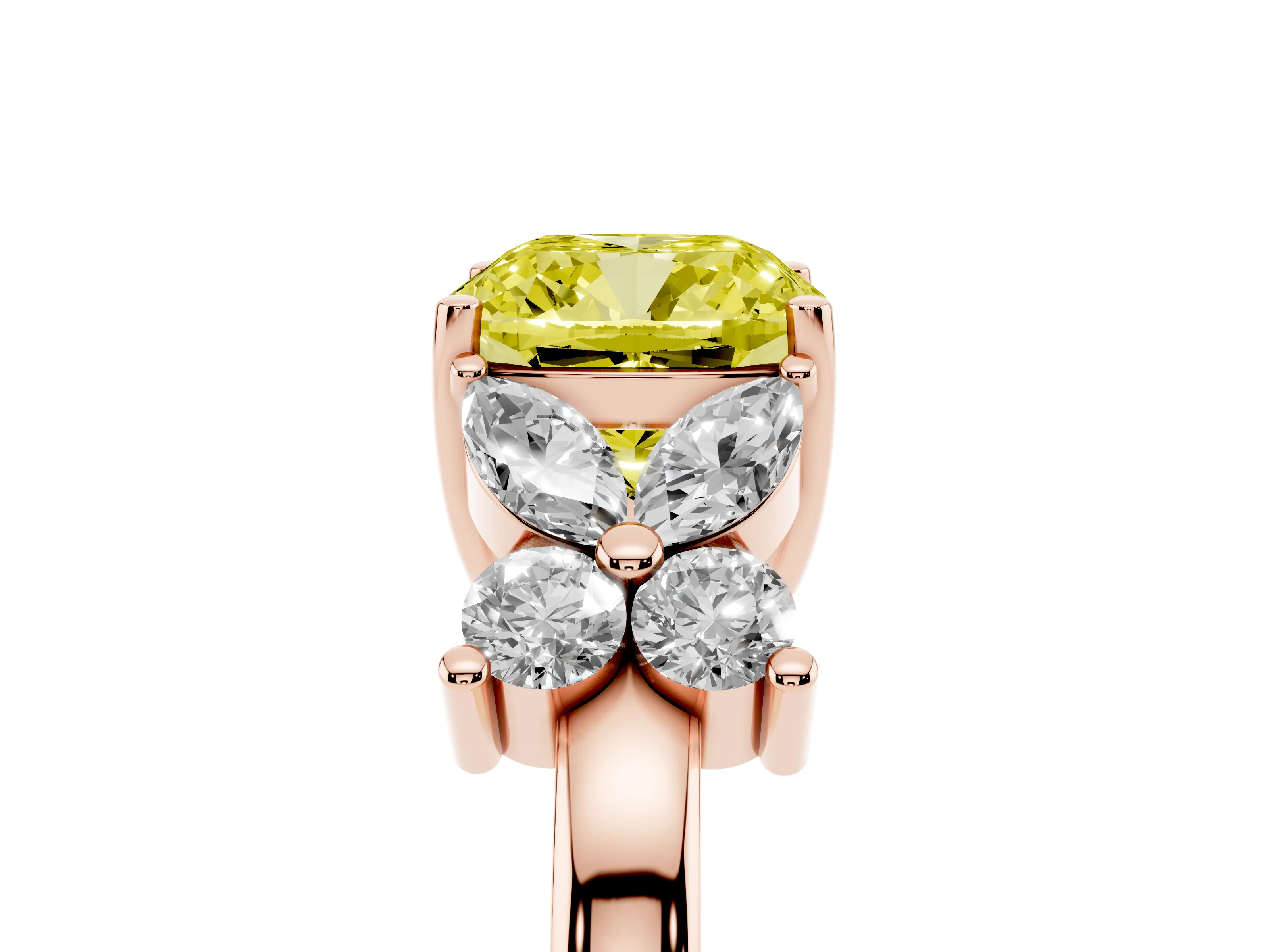 Fancy Yellow Cushion Cut Diamond Floral Cluster Ring Set in Rose gold with Marquise Petals and Prong Setting
